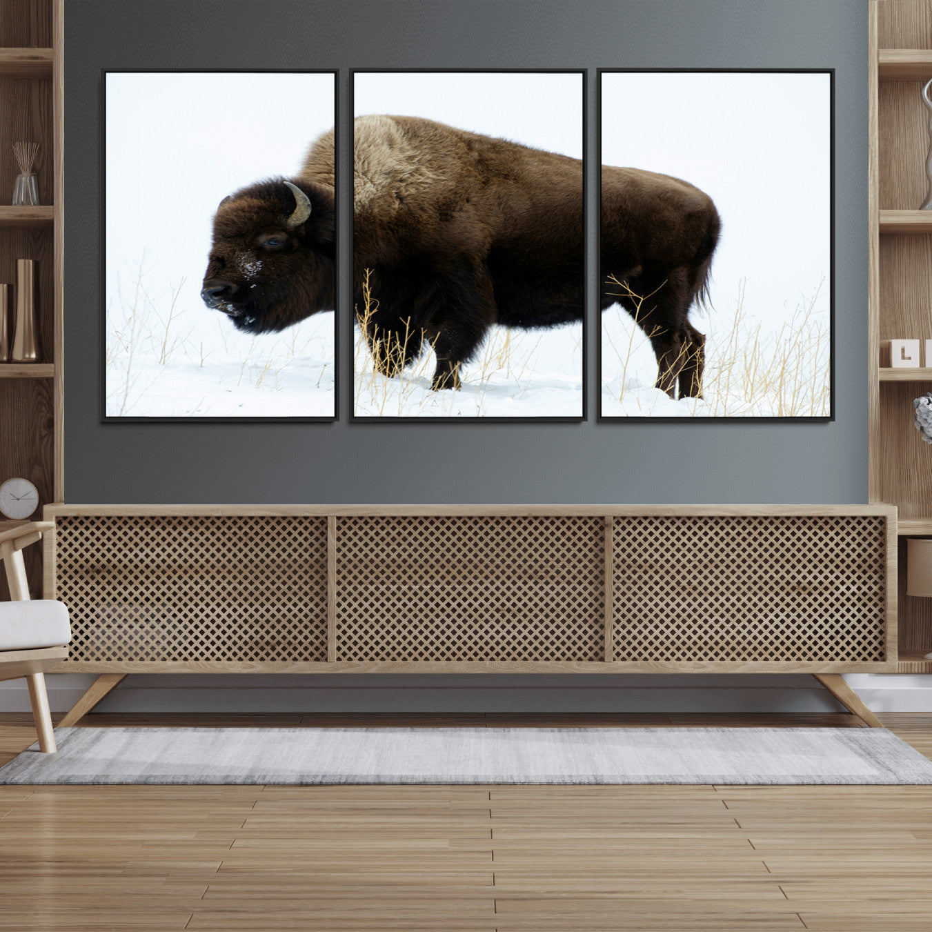 76778120-MGV-FC-60X30-3P_Black-Bison Wall Art Canvas Print – Framed Western Wildlife Buffalo Snow Rustic Nature Scene Artwork for Home Office