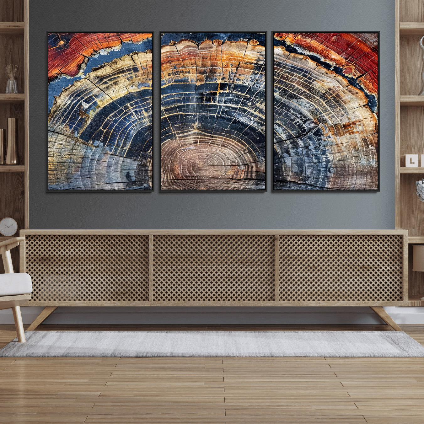 60292921-MGV-FC-60X30-3P_Black-Tree Rings Wall Art Canvas Print – Framed Petrified Wood Modern Rustic Nature Scene Artwork for Home Office