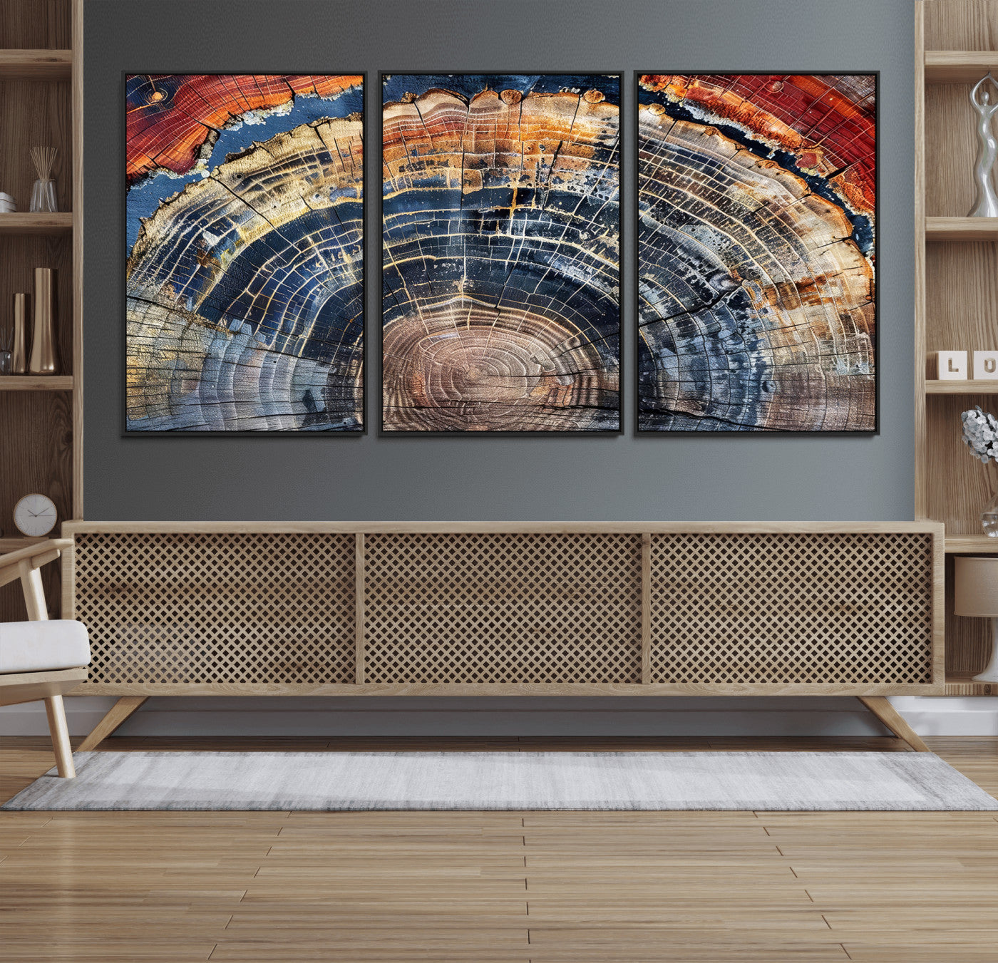 60292921-MGV-FC-60X30-3P - Vintage Tree Rings Wall Art Canvas Print – Framed Wood Art Picture Petrified Wood Artwork for Home, Office, Living Room