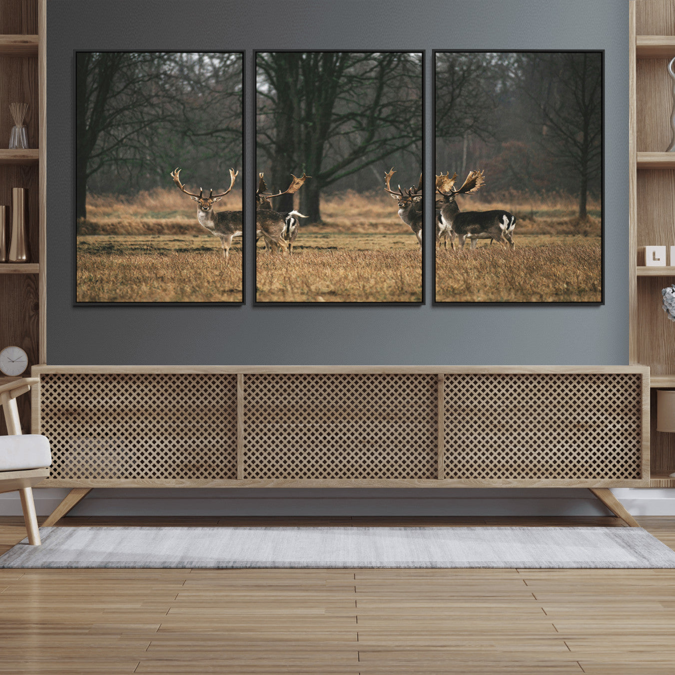 55348744-MGV-FC-60X30-3P_Black-Deer Wall Art Canvas Print – Framed Rustic Wildlife Stags Forest Nature Scene Artwork for Home, Office, Living Room