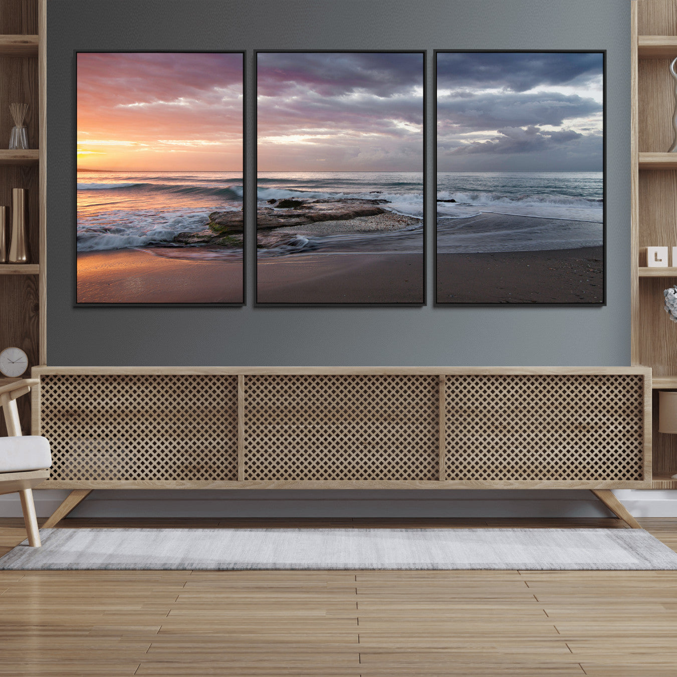 94208089-MGV-FC-60X30-3P_Black-Golden Hour Wall Art Canvas Print – Framed Tranquil Waves Beach Coastal Serenity Nature Scene Artwork for Home Office