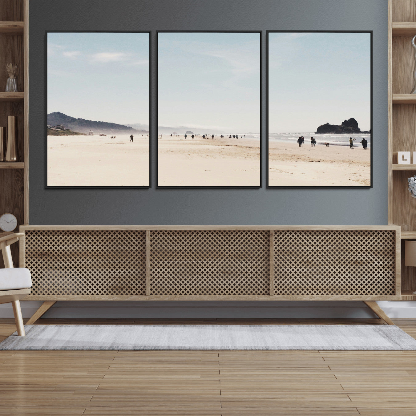 28307820-MGV-FC-60X30-3P_Black-Minimalist Beach Wall Art Canvas Print – Framed Coastal Serenity Soft Sand Nature Scene Artwork for Home Office