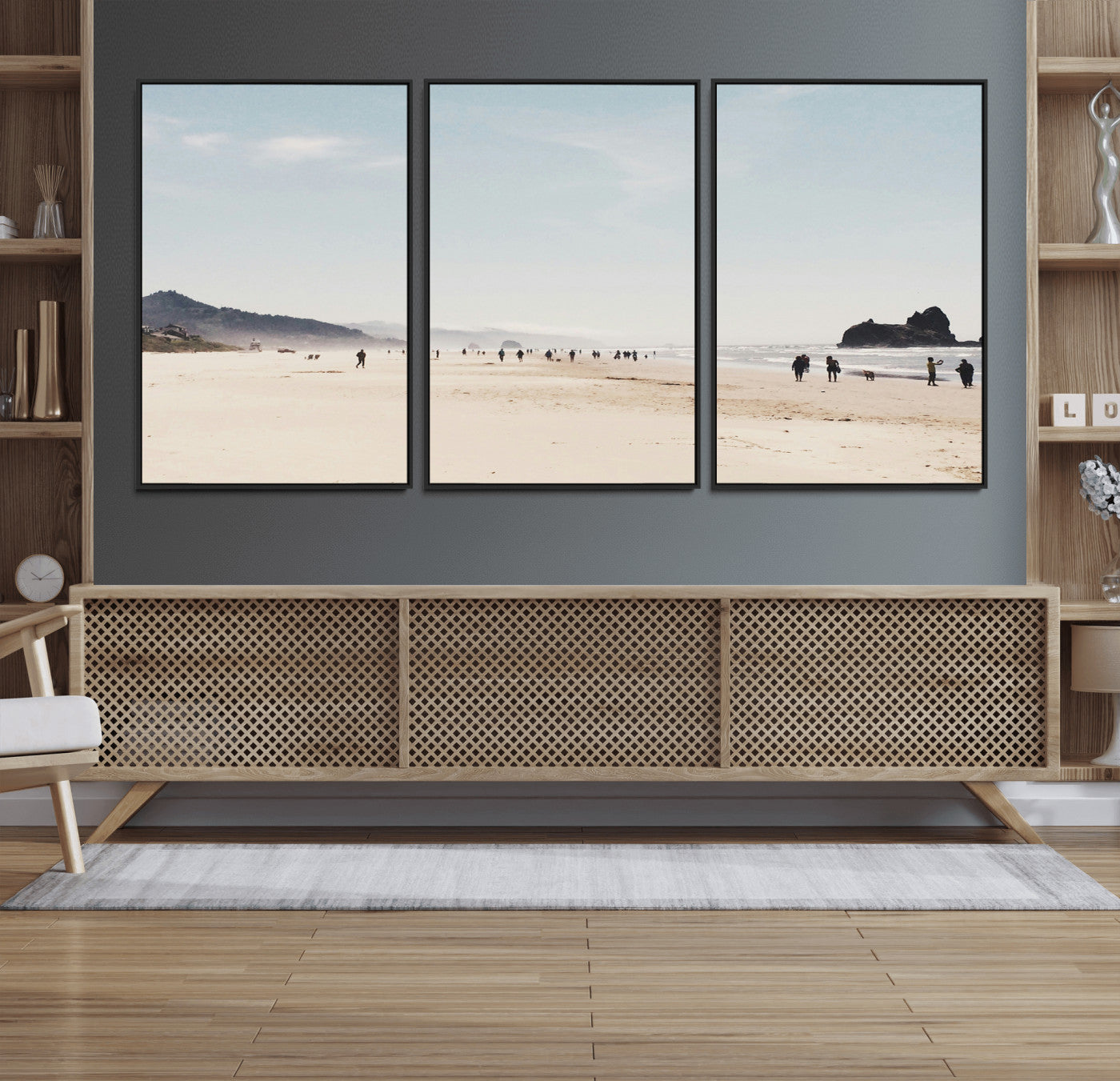 28307820-MGV-FC-60X30-3P_Black-Minimalist Beach Wall Art Canvas Print – Framed Coastal Serenity Soft Sand Nature Scene Artwork for Home Office