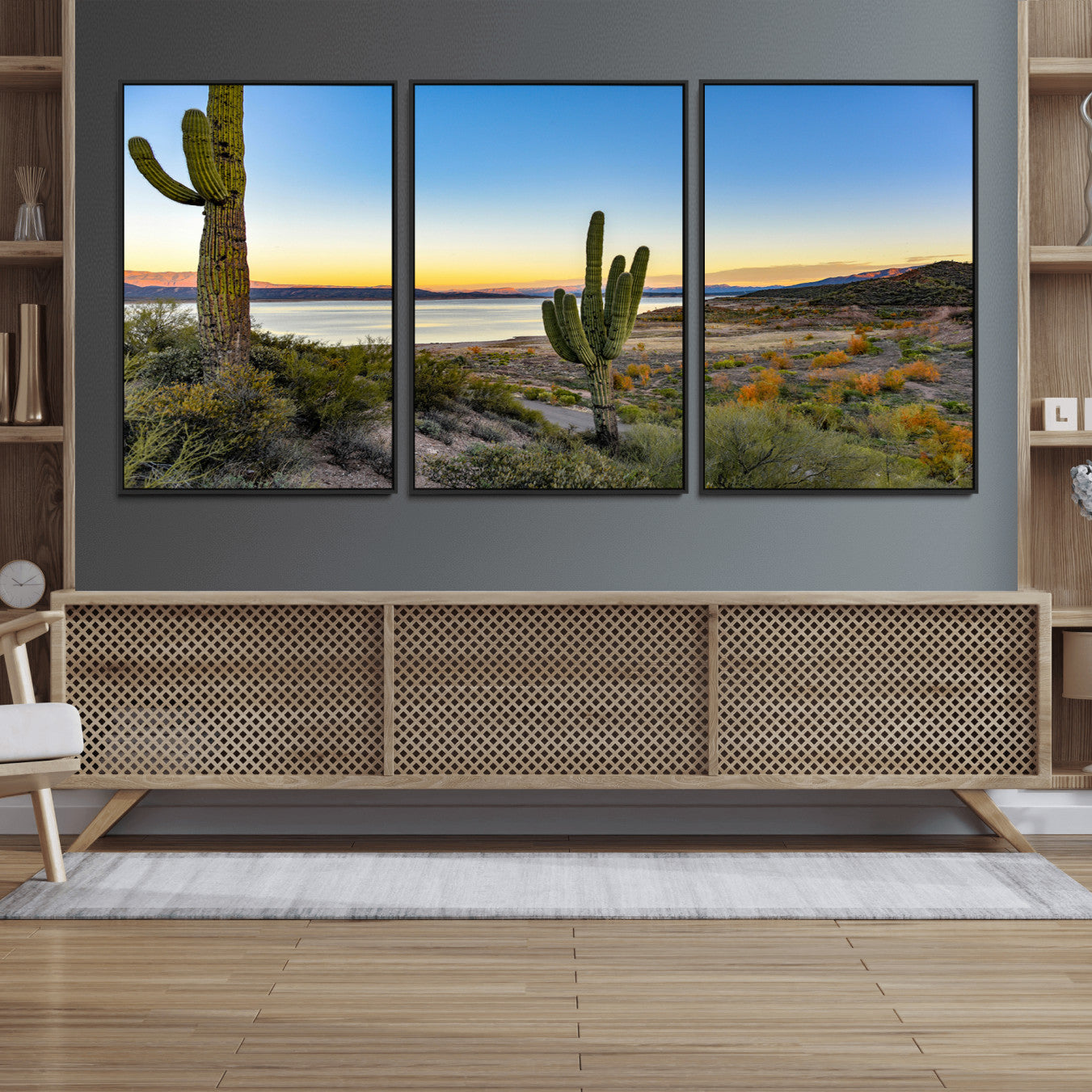 52844711-MGV-FC-60X30-3P_Black-Saguaro Cactus Wall Art Canvas Print – Framed Desert Sunset Southwestern Nature Scene Artwork for Home Office