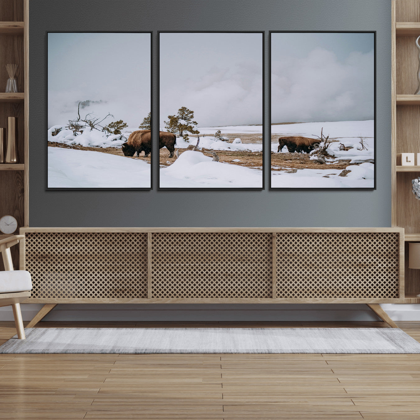 60308289-MGV-FC-60X30-3P_Black-Bison Wildlife Wall Art Canvas Print – Framed Snowy Prairie Western Rustic Nature Scene Artwork for Home Office