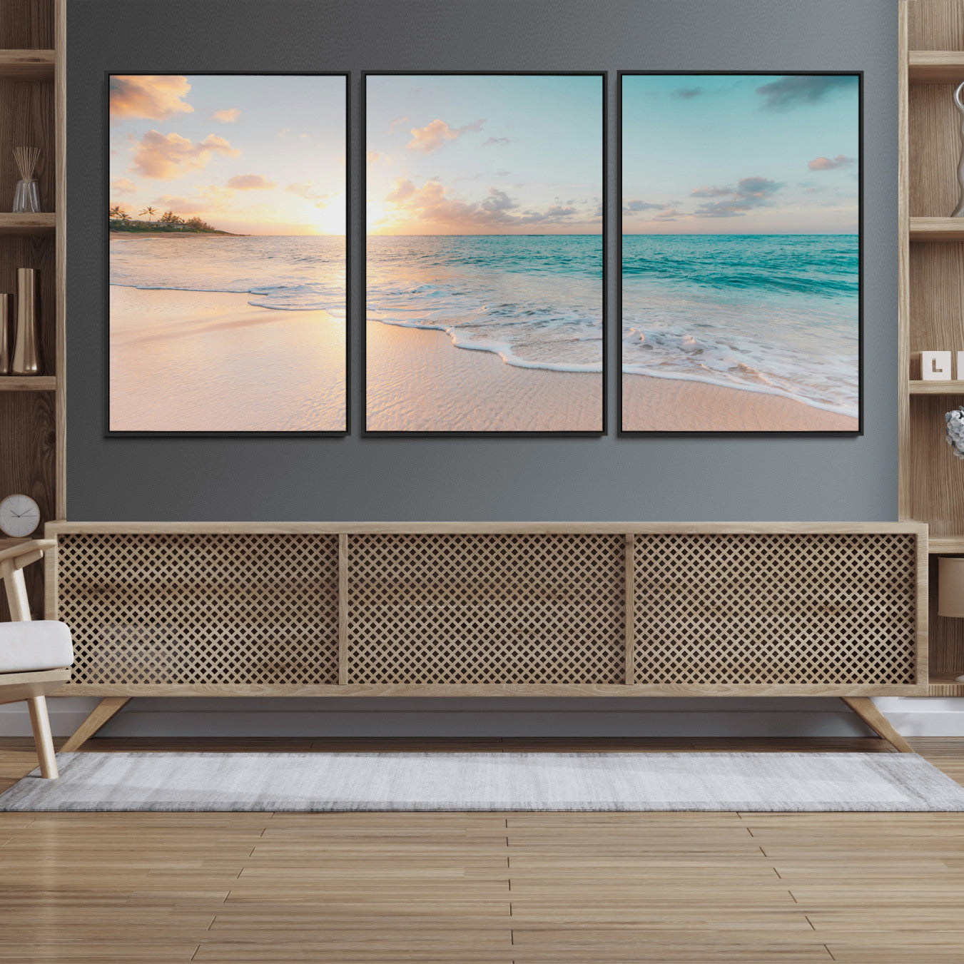 94538225-MGV-FC-60X30-3P_Black-Beach Sunset Wall Art Canvas Print – Framed Ocean Waves Summer Escape Coastal Nature Scene Artwork for Home Office