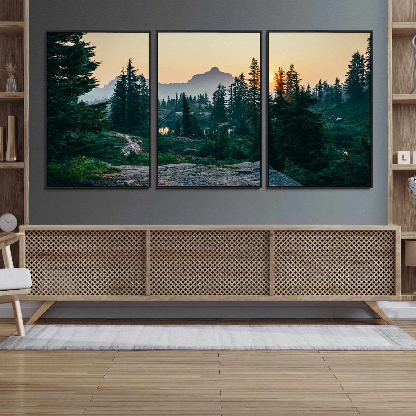 66397982-MGV-CV-36X24-Mountain Wall Art Canvas Print – Framed Forest Serenity Mountain Nature Scene Artwork for Home Office
