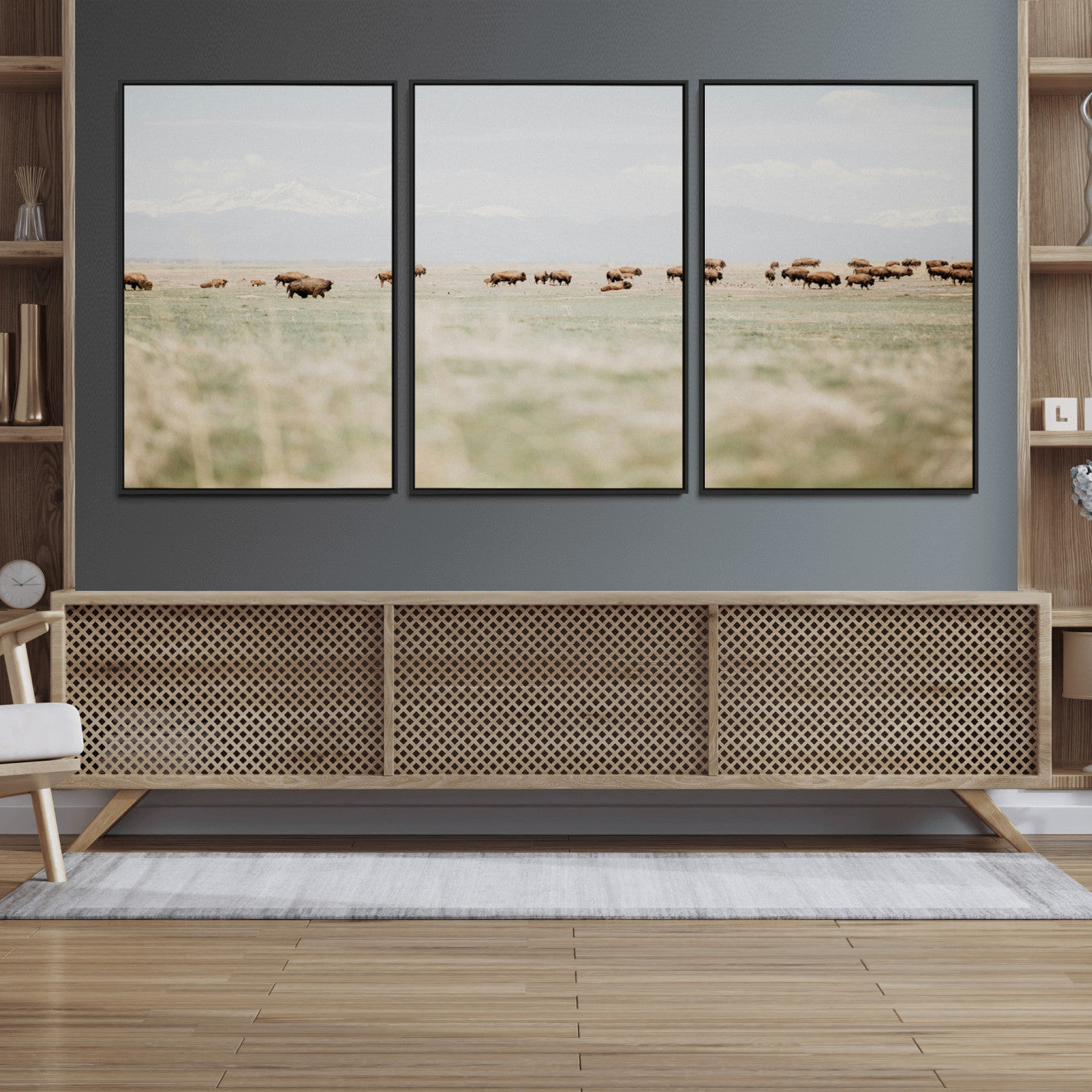 36510917-MGV-FC-60X30-3P_Black-Bison Herd Wall Art Canvas Print – Framed Western Bison Ranch Nature Scene Artwork for Home, Office, Living Room