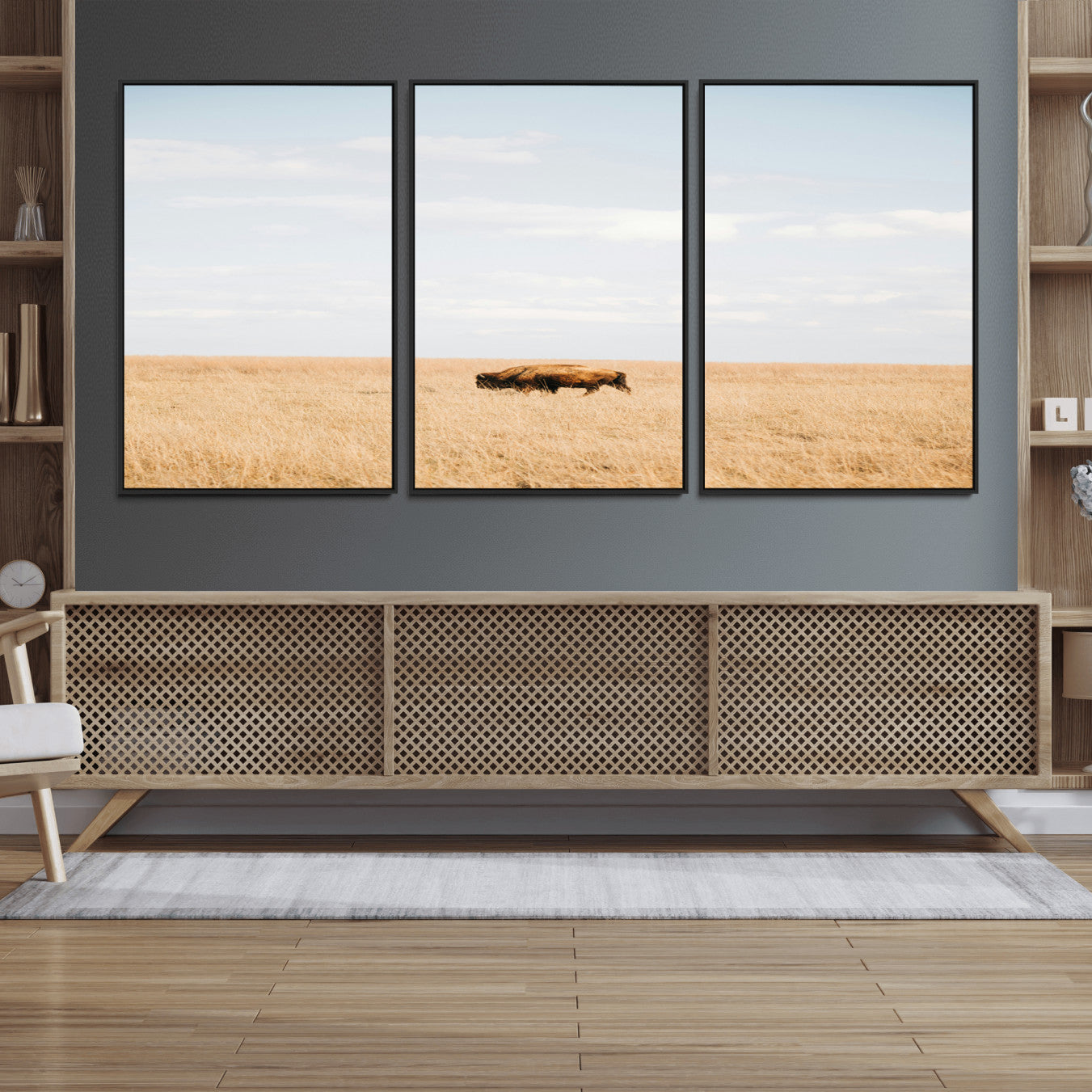 MGV-FC-60X30-3P - Minimalist Nature Wall Art Canvas Print, Framed Bison In Grassland Art Picture Print, Open Field Perfect Modern Ranch Decor Decor Artwork