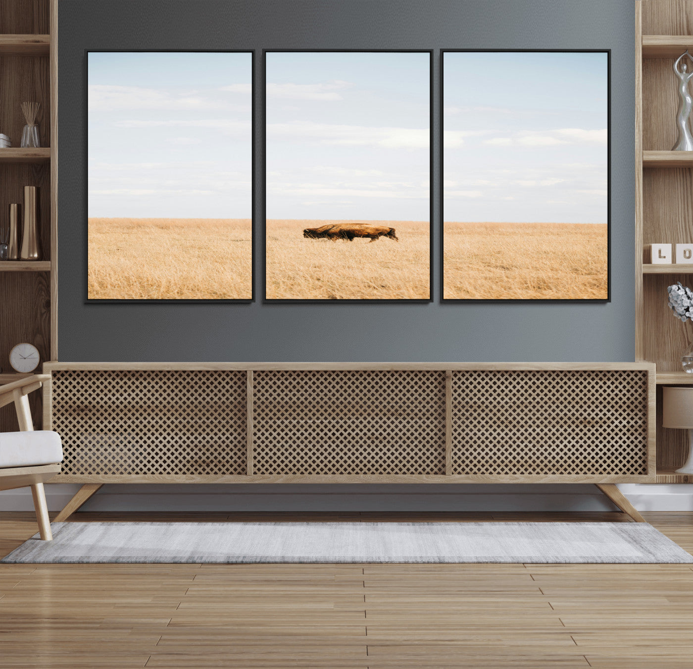 96766166-MGV-FC-60X30-3P_Black-Bison Grassland Wall Art – Framed Minimal Nature Canvas Artwork, Open Field Design, Modern Ranch Decor for Home, Office