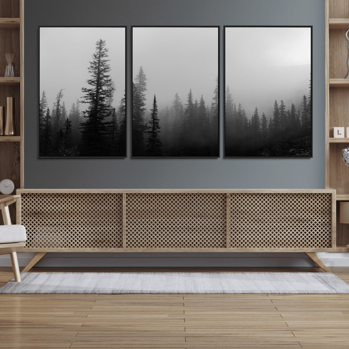 73138900-MGV-FC-60X30-3P_Black-Misty Pines Wall Art Canvas Print – Framed Woodland Minimalist Rustic Nature Scene Photography Artwork for Home Office