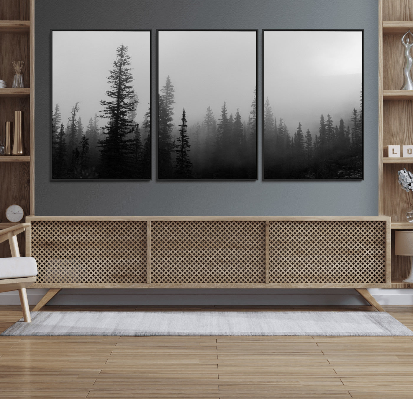 73138900-MGV-FC-60X30-3P_Black-Misty Pines Wall Art Canvas Print – Framed Woodland Minimalist Rustic Nature Scene Photography Artwork for Home Office