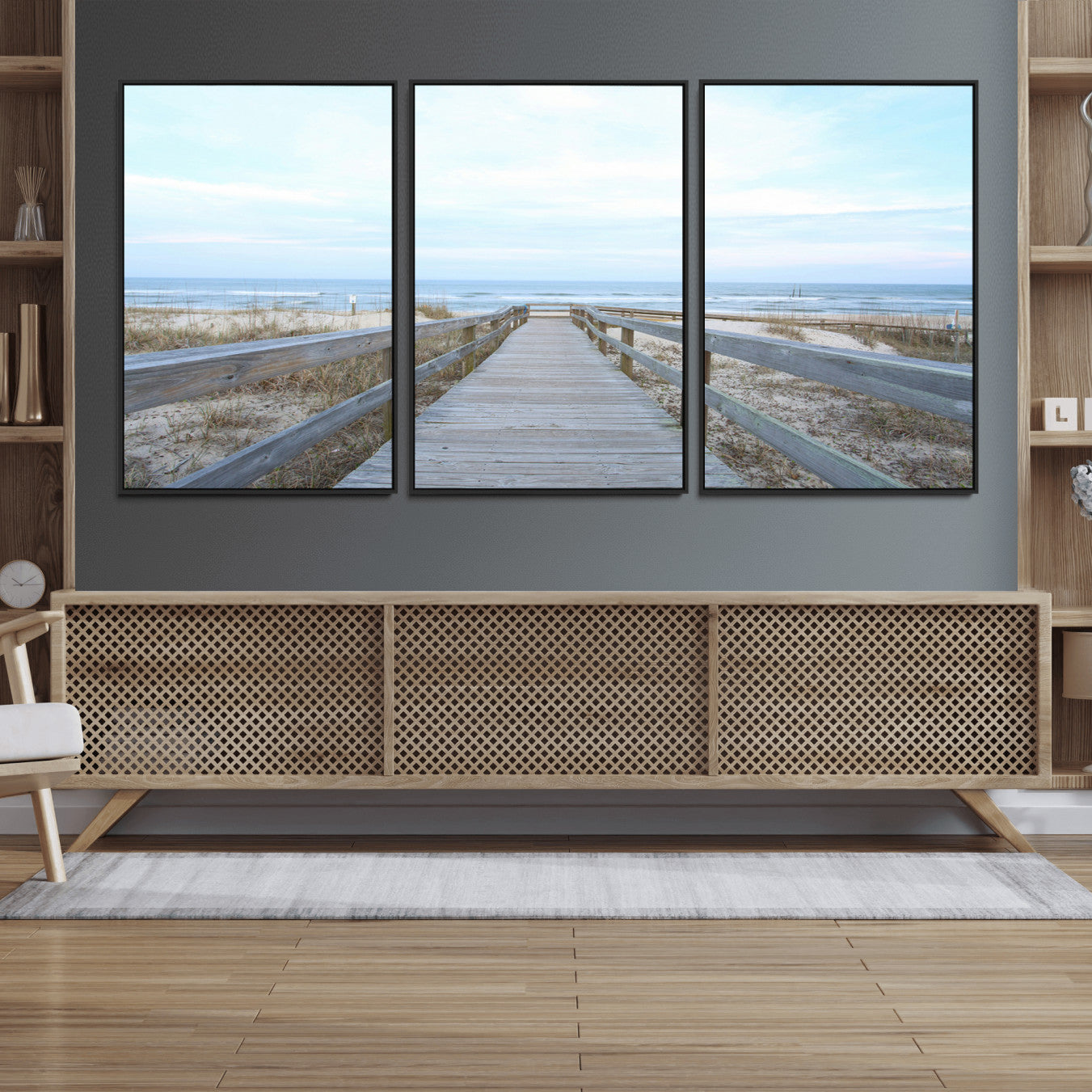 31602988-MGV-FC-60X30-3P_Black-Beach Boardwalk Wall Art Canvas Print – Framed Coastal Serenity Ocean View Nature Scene Artwork for Home Office