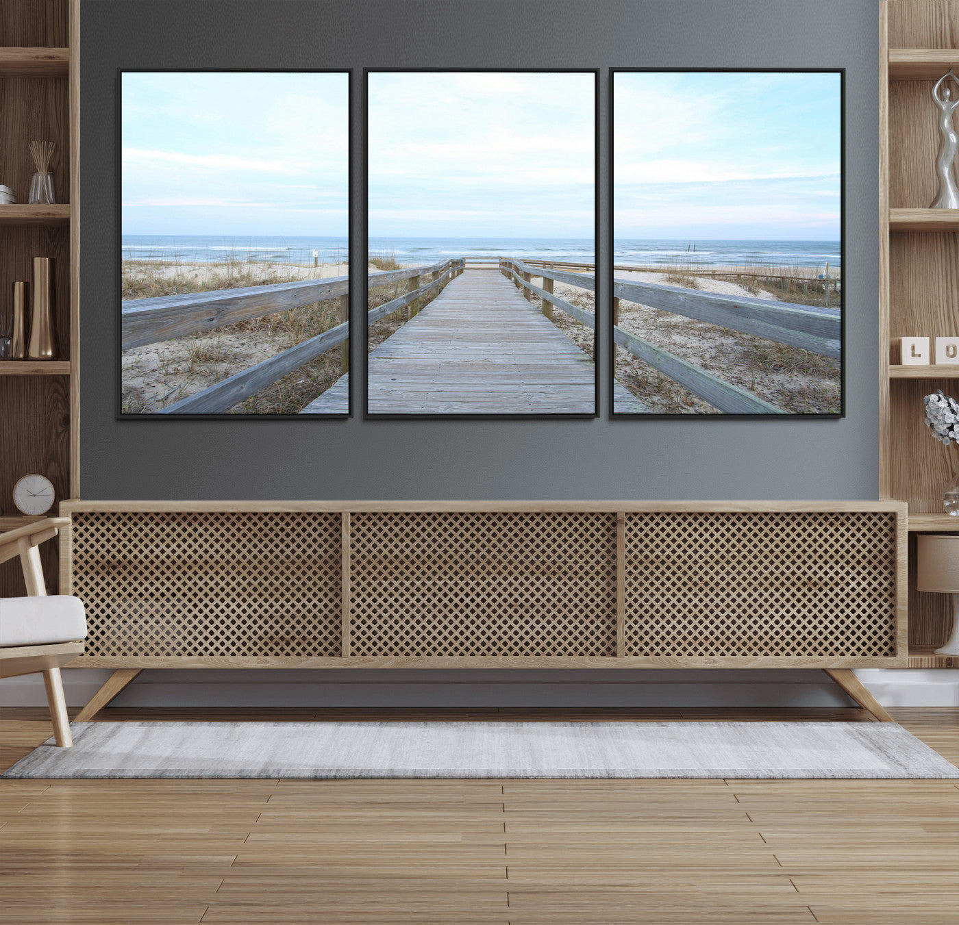 31602988-MGV-FC-60X30-3P_Black-Beach Boardwalk Wall Art Canvas Print – Framed Coastal Serenity Ocean View Nature Scene Artwork for Home Office