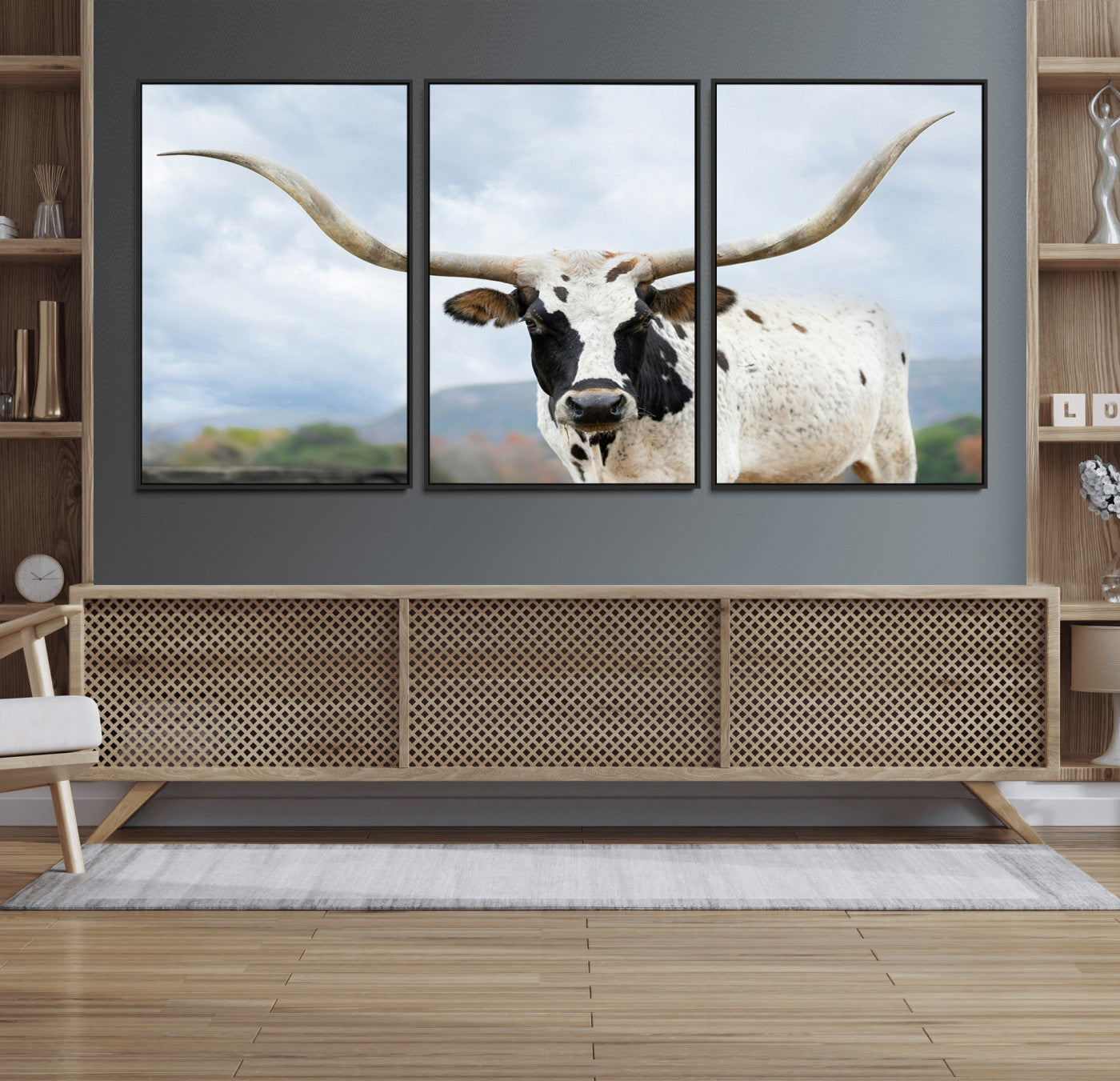63592811-MGV-FC-60X30-3P_Black-Texas Longhorn Wall Art Canvas Print – Framed Western Rustic Farmhouse Nature Scene Artwork for Home Office