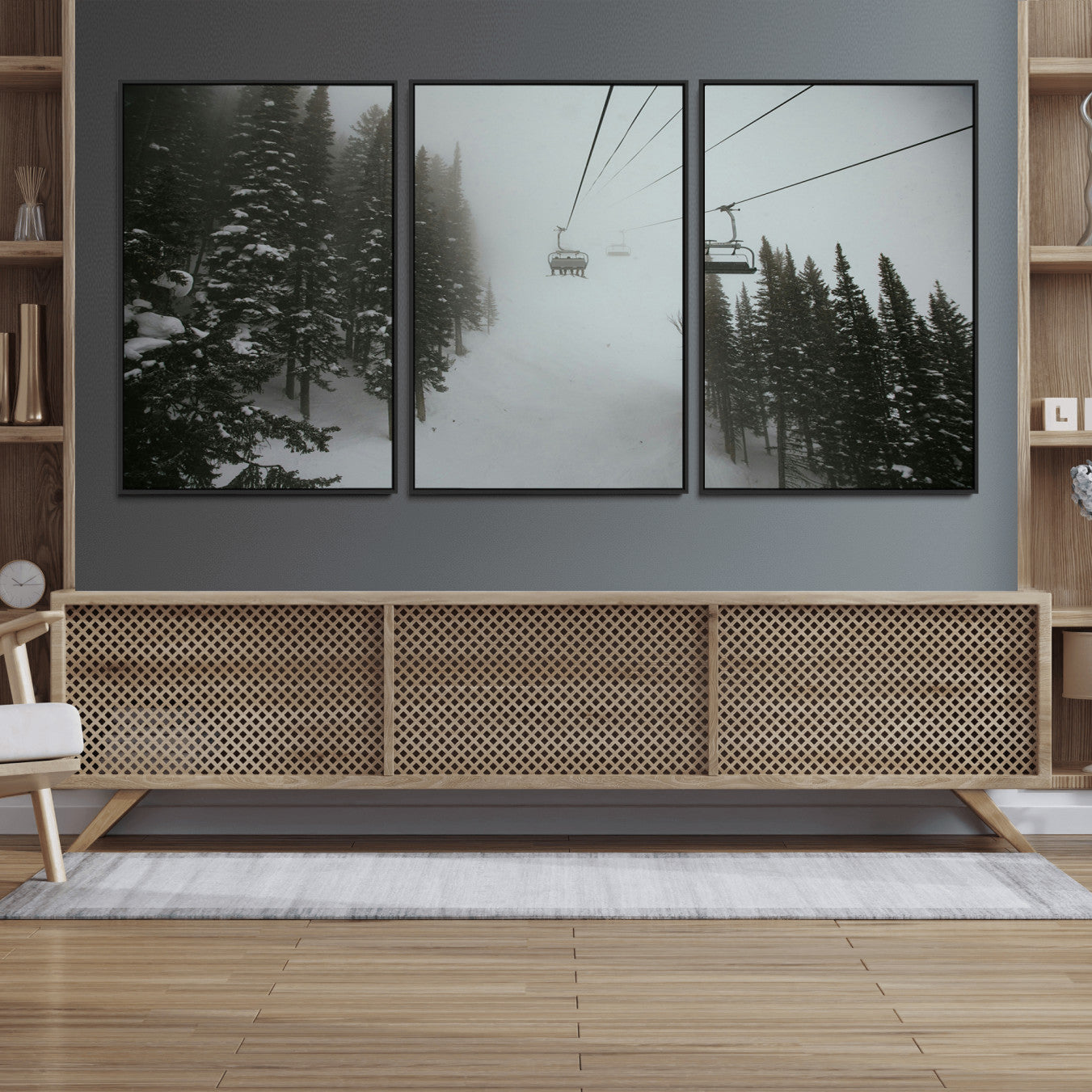 87018452-MGV-FC-60X30-3P_Black-Ski Lift Wall Art Canvas Print – Snowy Pines Misty Landscape Winter Serenity Artwork for Home, Office Decor