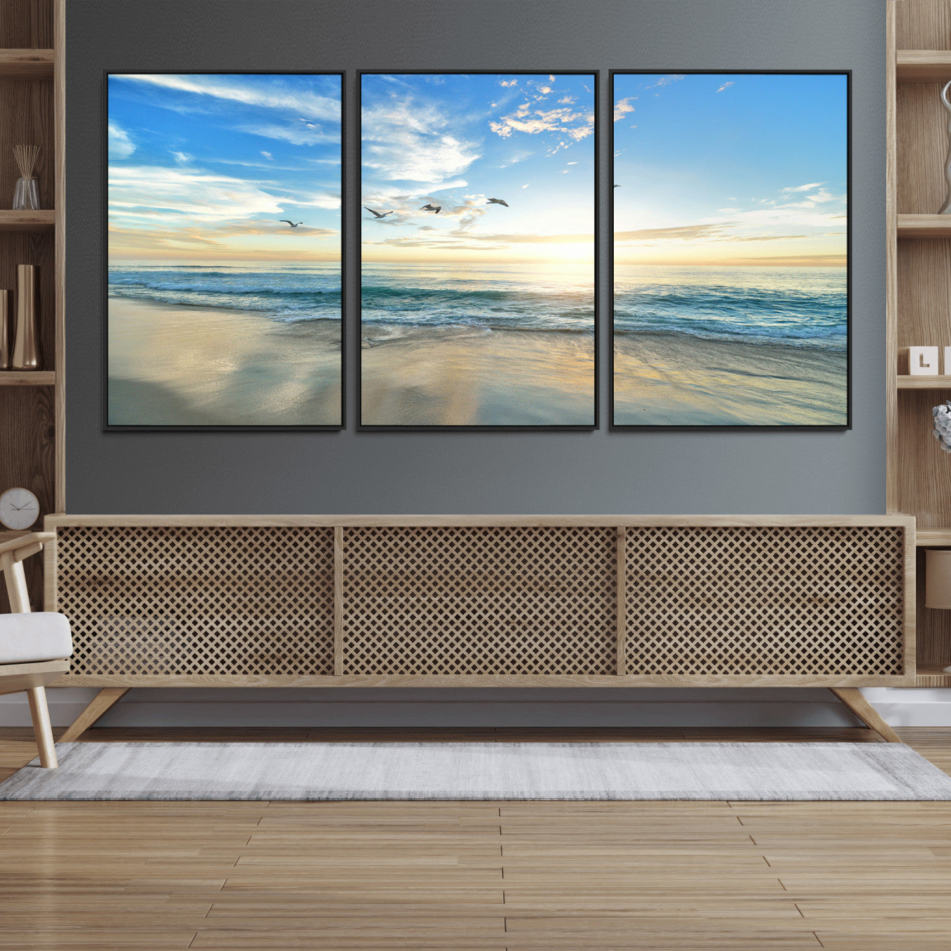MGV-FC-60X30-3P - Minimalist Seaside Wall Art Canvas Print, Framed Morning Glow Art Picture Print, Golden Reflections Perfect Coastal Minimalist Decor Artwork