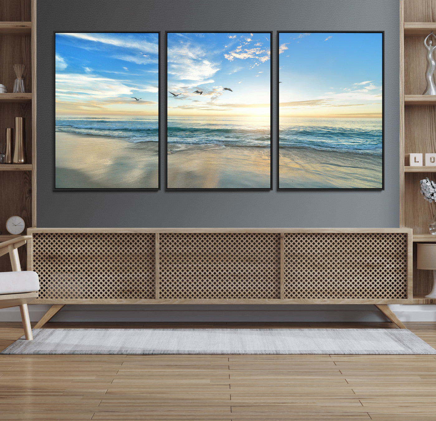 20708696-MGV-FC-60X30-3P_Black-Minimalist Seaside Wall Art Canvas Print – Morning Glow Golden Reflections Coastal Nature Artwork for Home, Office