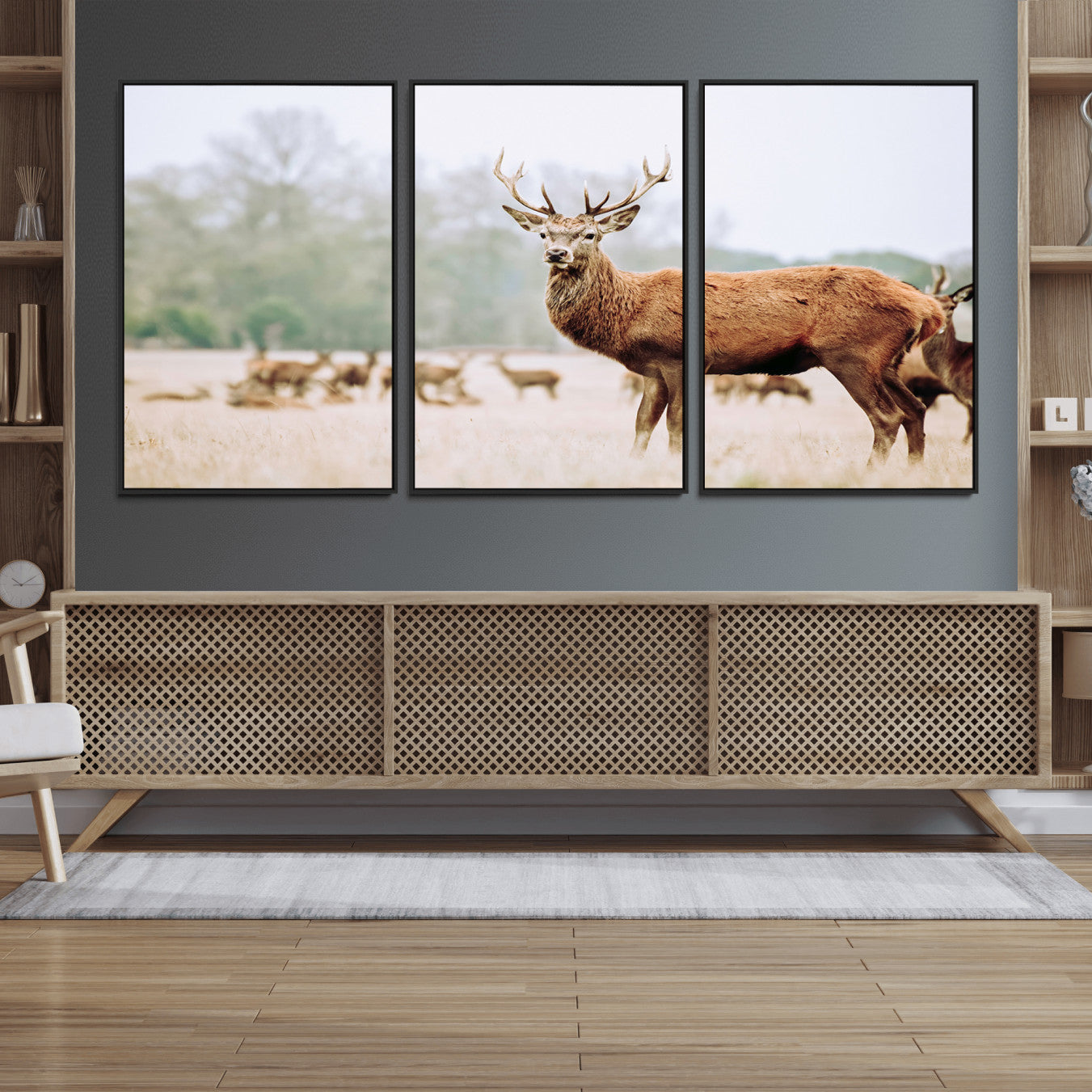 -Rustic Deer Wall Art Canvas Print – Forest Woodland Stag Nordic Animal Scenic Nature Artwork for Home, Cabin