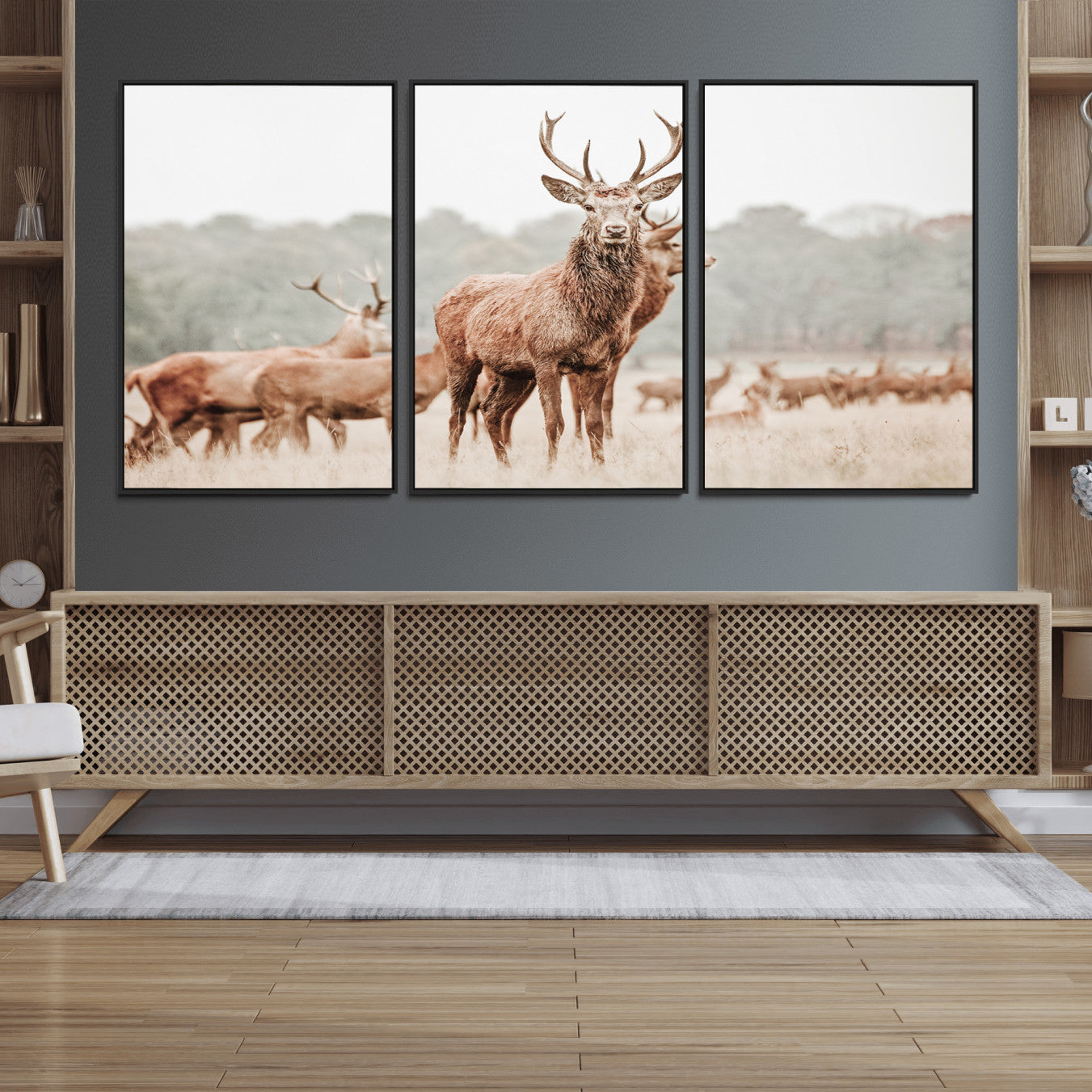 17659786-MGV-FC-60X30-3P_Black-Rustic Nature Wall Art Canvas Print – Stag Woodland Framed Wildlife Art Picture Print Perfect Lodge Decor