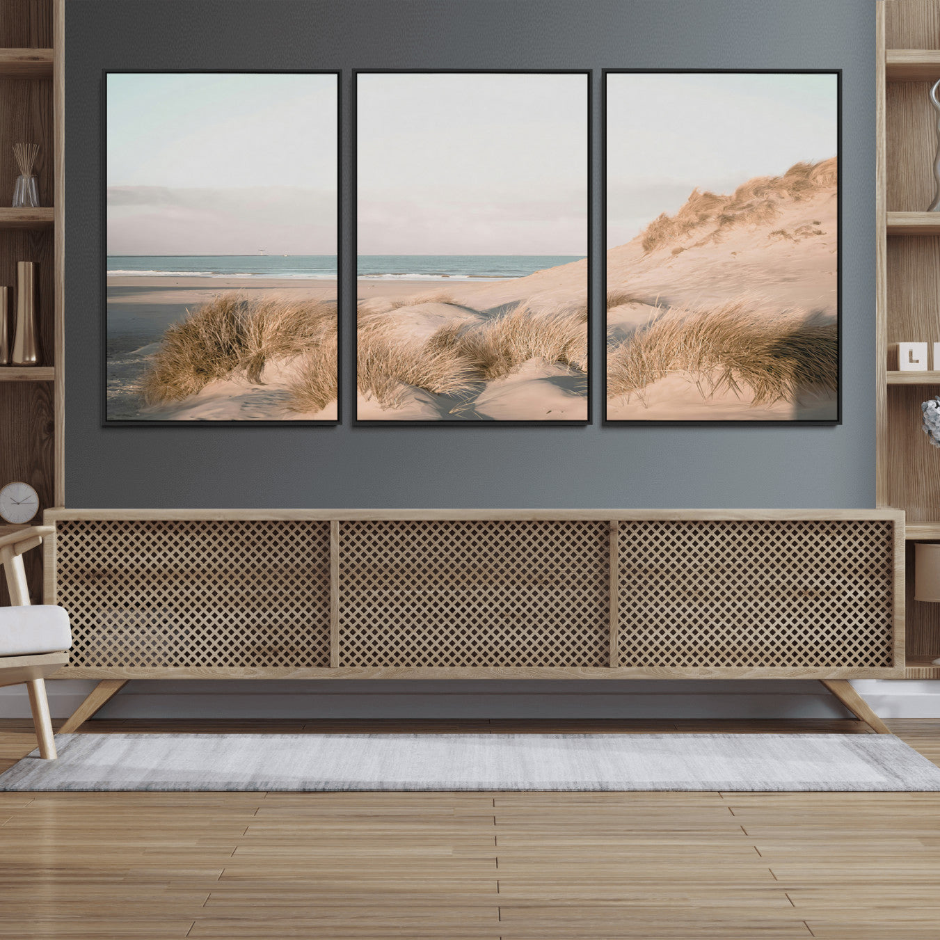 11554211-MGV-FC-60X30-3P_Black-Beach Landscape Wall Art Canvas Print – Framed Sand Dune Photography Minimalist Seascape Artwork for Home Office