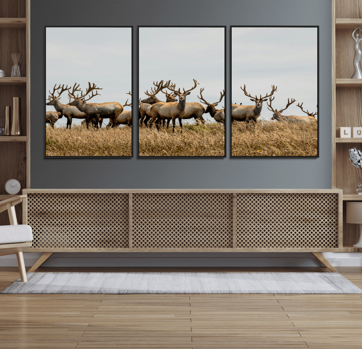 42170220-MGV-FC-60X30-3P_Black-Elk Herd Wall Art Canvas Print – Framed Wildlife Photography Majestic Antlers Nature Scene Artwork for Home Office
