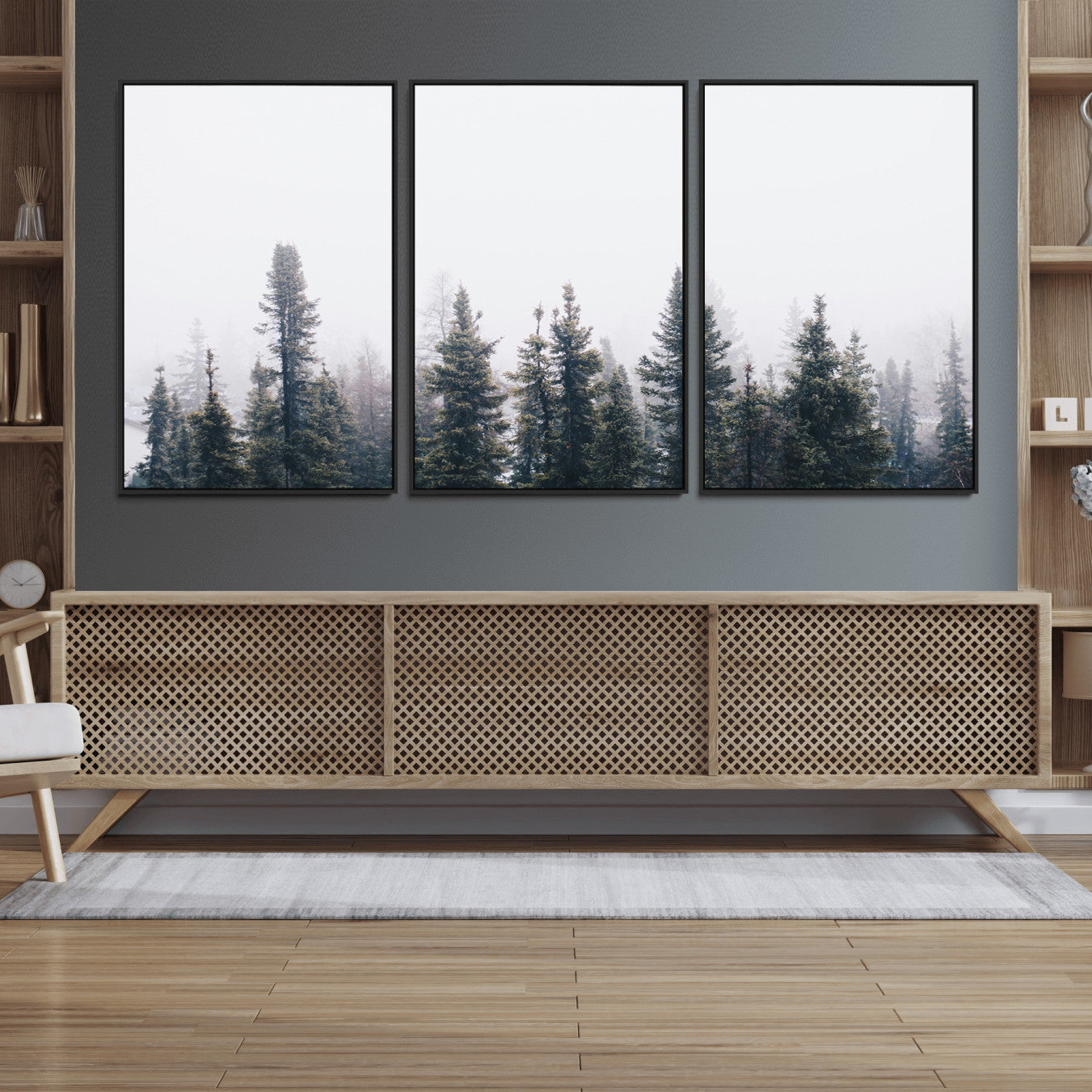42364796-MGV-FC-60X30-3P_Black-Foggy Forest Wall Art Canvas Print – Framed Misty Pines Moody Woodland Nature Scene Artwork for Home Office