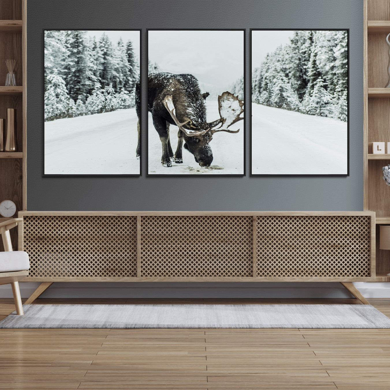 13316292-MGV-FC-60X30-3P_Black-Moose Snow Wall Art Canvas Print – Framed Winter Wildlife Snowy Forest Nature Scene Artwork for Home, Office, Living Room