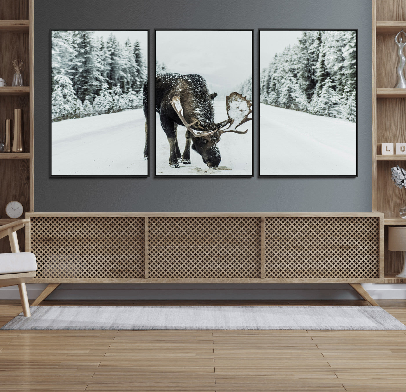 13316292-MGV-FC-60X30-3P_Black-Moose Snow Wall Art Canvas Print – Framed Winter Wildlife Snowy Forest Nature Scene Artwork for Home, Office, Living Room