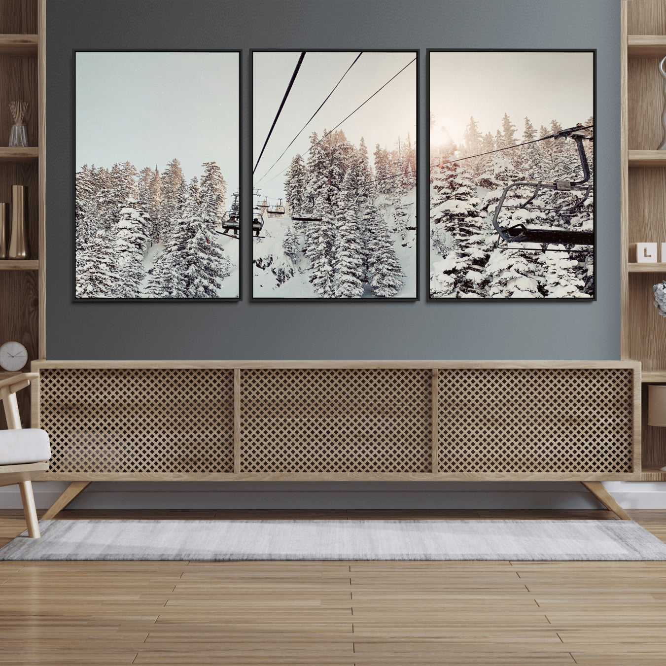 91534512-MGV-FC-60X30-3P_Black-Frosty Pines Wall Art Canvas Print – Framed Cozy Cabin Ski Lift Ride Winter Scene Artwork for Home Office