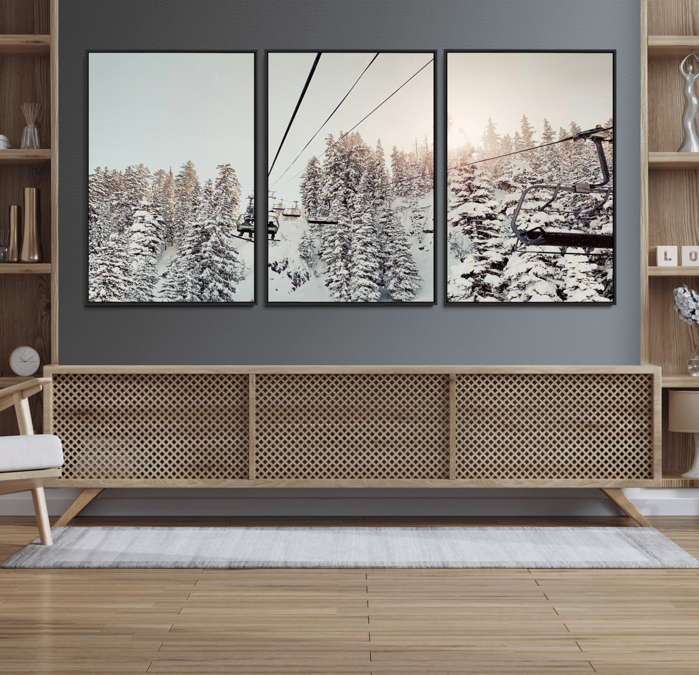 91534512-MGV-FC-60X30-3P_Black-Frosty Pines Wall Art Canvas Print – Framed Cozy Cabin Ski Lift Ride Winter Scene Artwork for Home Office