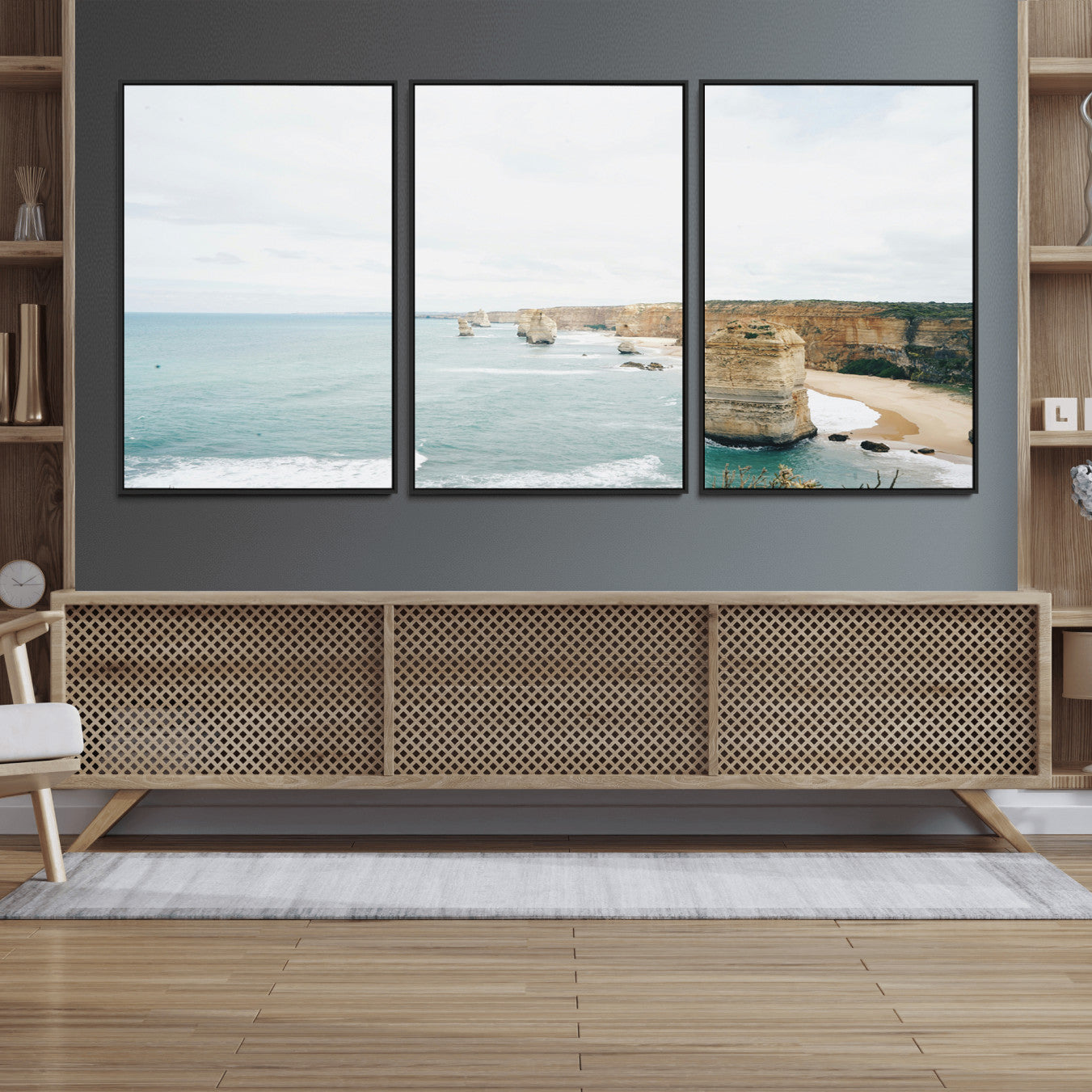 70095633-MGV-FC-60X30-3P_Black-Twelve Apostles Wall Art Canvas Print – Framed Coastal Cliffs Rugged Rock Formations Artwork for Home Office