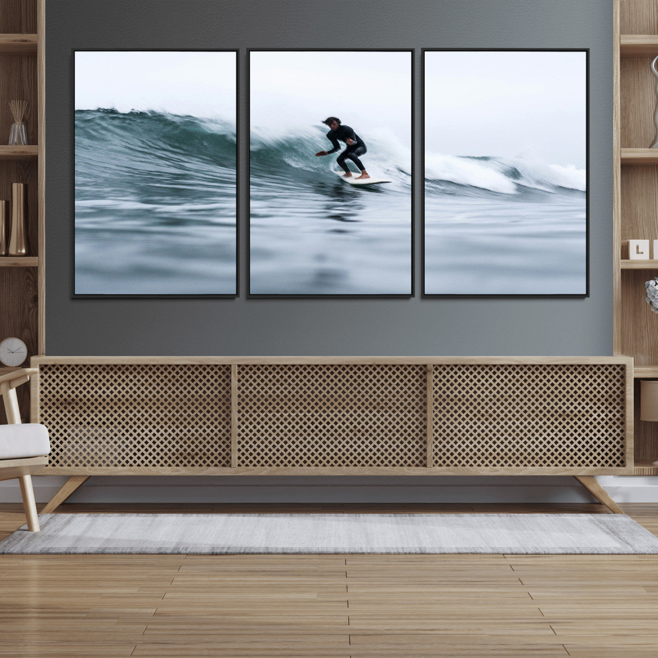 11693607-MGV-FC-60X30-3P_Black-Surfer on Wave Wall Art Canvas Print – Framed Ocean Adventure Motion Blur Water Coastal Action Artwork for Home, Office
