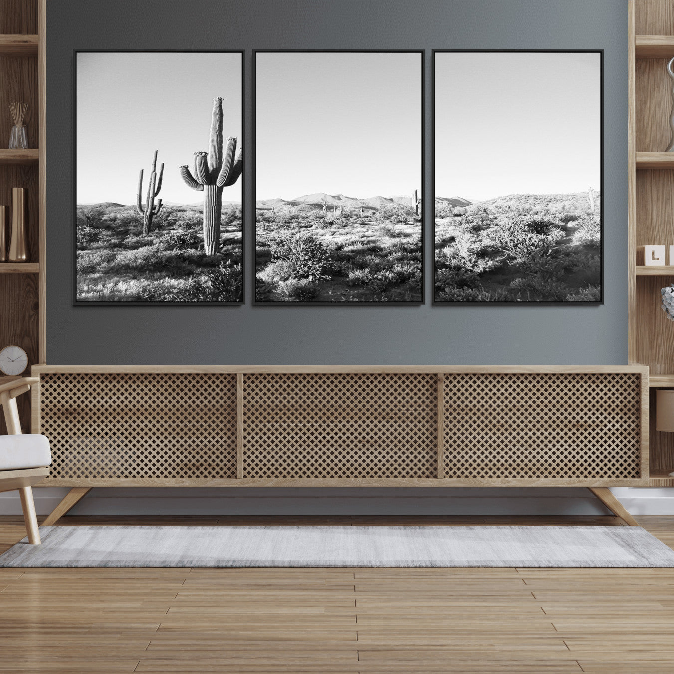 85205054-MGV-FC-60X30-3P_Black-Saguaro Cactus Wall Art Canvas Print – Framed Monochrome Landscape Scenic Arizona Minimalist Western Artwork for Home, Office