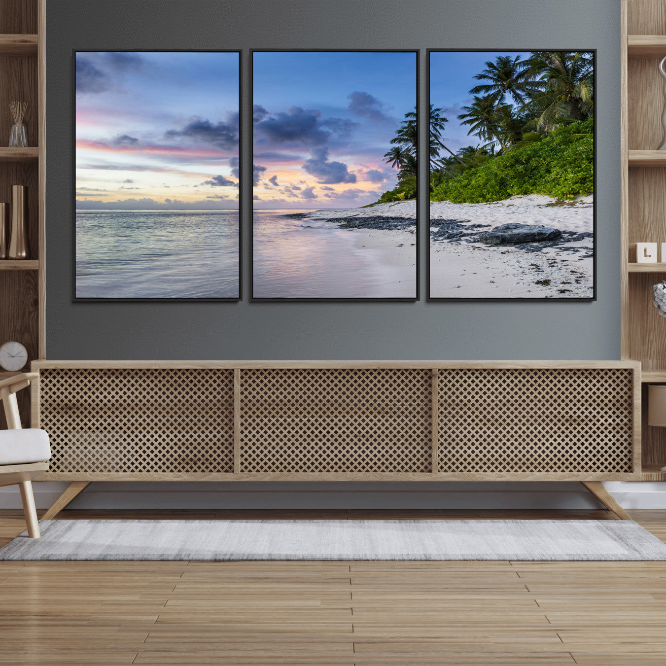 75045485-MGV-FC-60X30-3P_Black-Tropical Beach Wall Art Canvas Print, Framed Sunset Glow Art Picture Print, Palm Tree Coast Perfect Tropical Coastal Decor Artwork