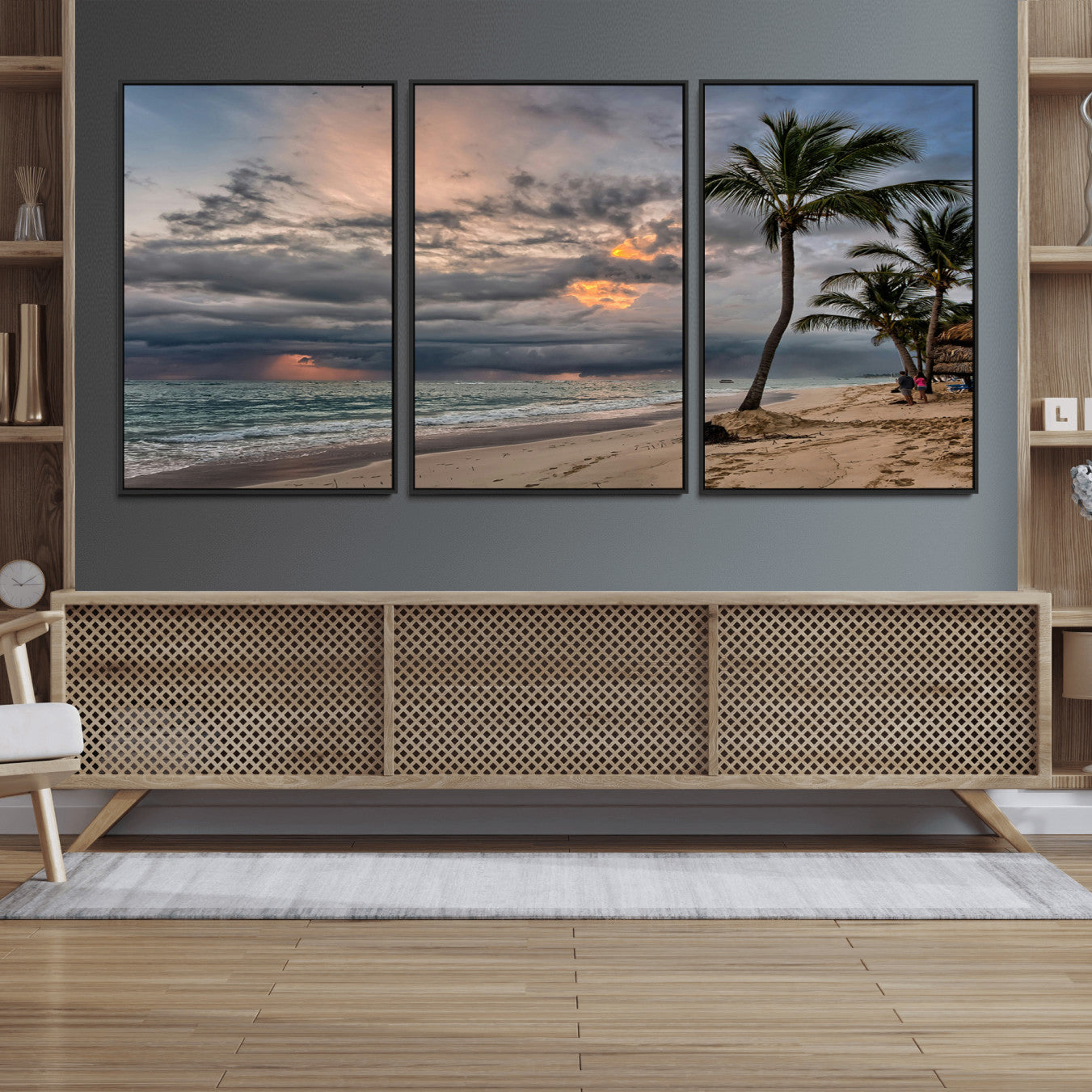 62574547-MGV-FC-60X30-3P_Black-Tropical Storm Wall Art Canvas Print – Framed Moody Beach Dramatic Sky Tropical Coastal Landscape Artwork for Home, Office