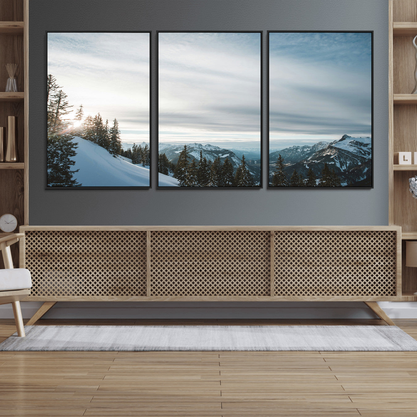 55564749-MGV-FC-60X30-3P_Black-Snowy Mountains Wall Art Canvas Print – Framed Alpine Landscape Frosty Peaks Nordic Minimalist Nature Artwork for Home, Office