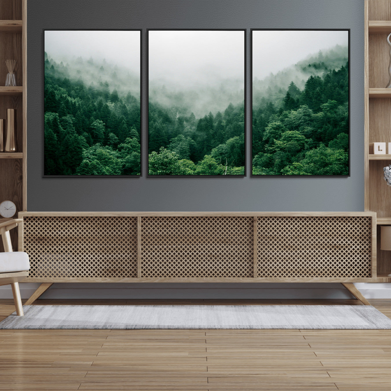 45265379-MGV-FC-60X30-3P_Black-Misty Green Forest Canvas Print – Framed Serene Foggy Pine Landscape Tranquil Nature Wall Art for Home, Office