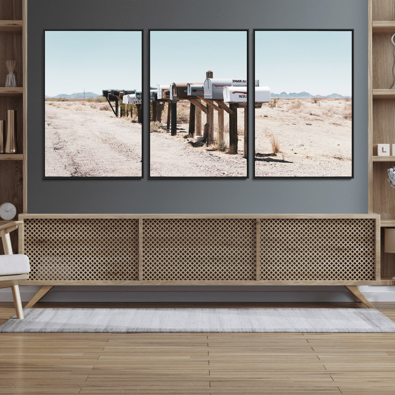 54616109-MGV-FC-60X30-3P_Black-Desert Mailboxes Canvas Print – Minimal Western Landscape Photography, Rustic Americana Wall Art for