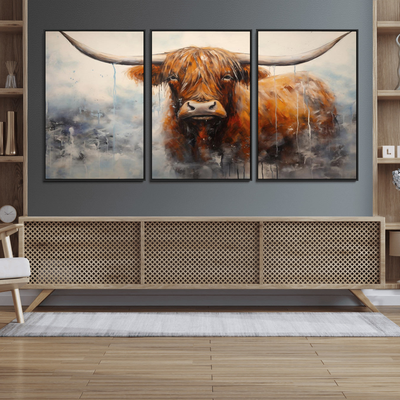 X61001-MGV-FC-60X30-3P_Black-Scottish Highland Wall Art Canvas Print, Framed Longhorn Art Picture Print, Western Cow Perfect Farmhouse Decor Artwork