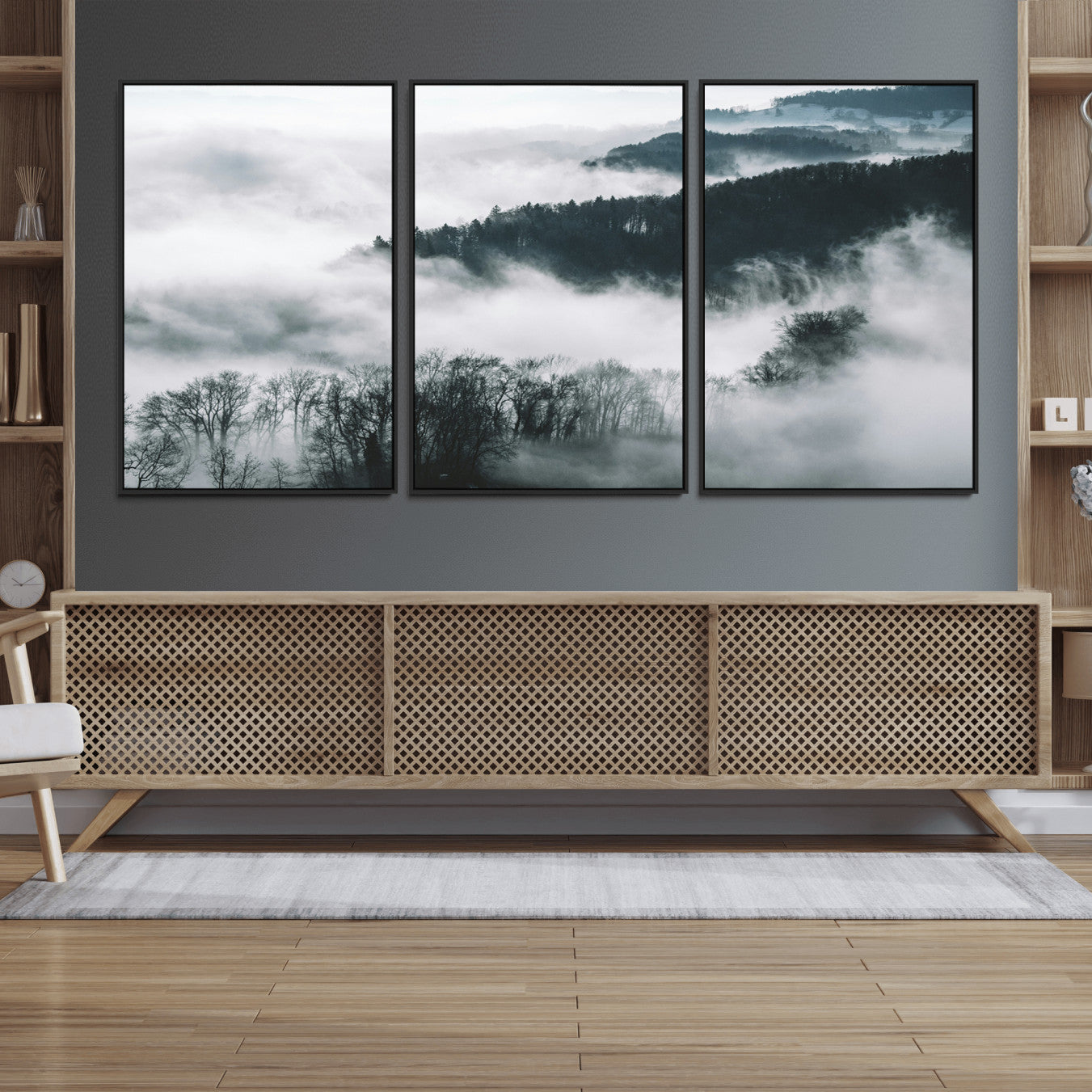 67569654-MGV-FC-60X30-3P_Black-Foggy Forest Landscape Wall Art Canvas Print – Misty Mountain Valley Scene Monochrome Tones Nature Artwork for Home Office