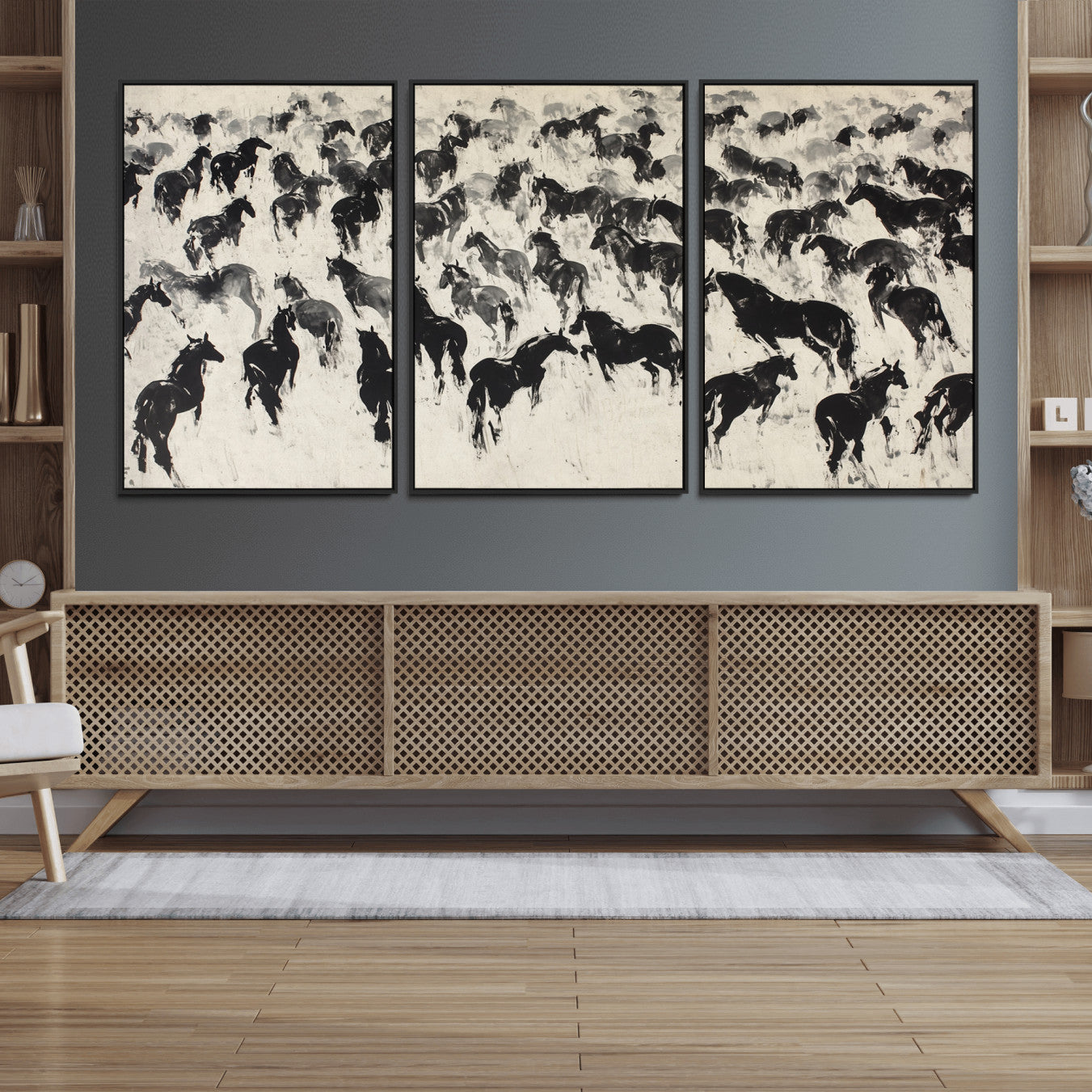 29265745-MGV-FC-60X30-3P_Black-Wild Horse Stampede Wall Art Canvas Print – Monochrome Running Horses Dynamic Motion Elegant Scene Artwork for Home, Office
