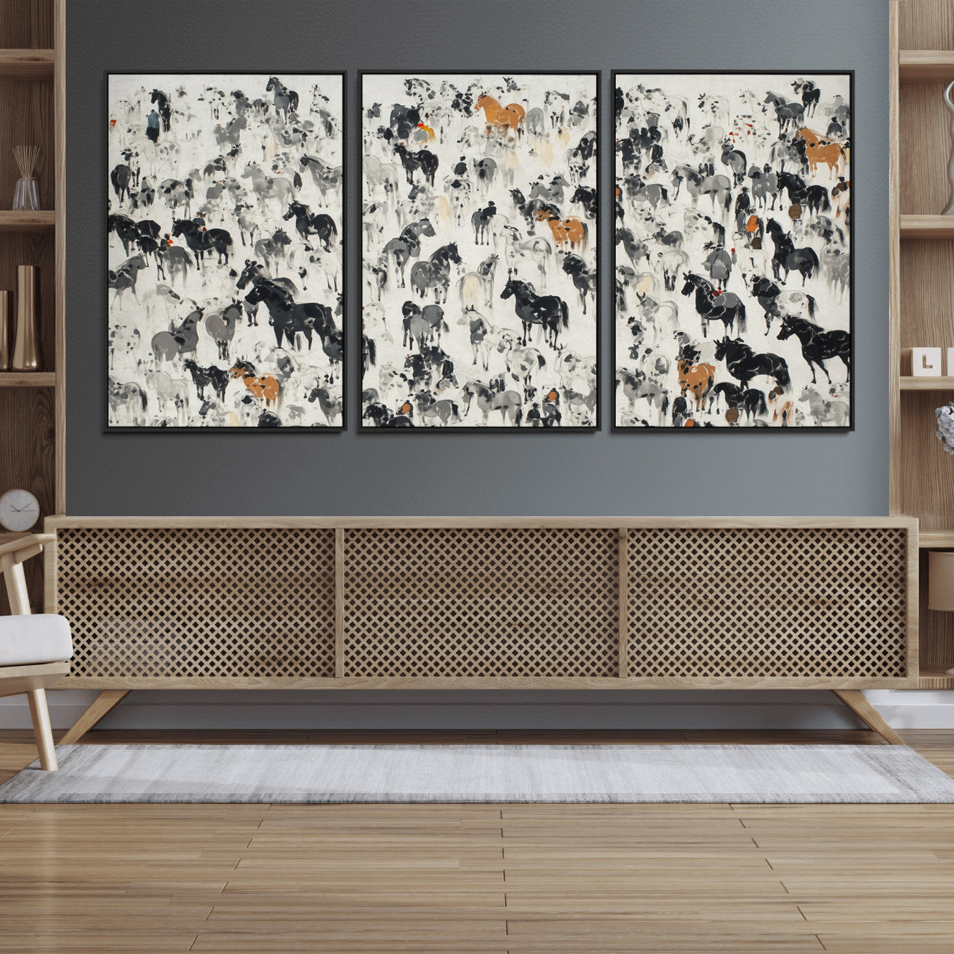 56463722-MGV-FC-60X30-3P_Black-Wild Horse Stampede Wall Art Canvas Print – Monochrome Running Horses Dynamic Motion Elegant Scene Artwork for Home, Office