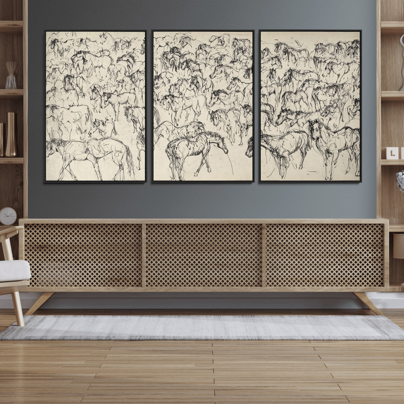 86653927-MGV-FC-60X30-3P_Black-Wild Horse Stampede Wall Art Canvas Print – Monochrome Running Horses Dynamic Motion Elegant Artwork for Home, Office