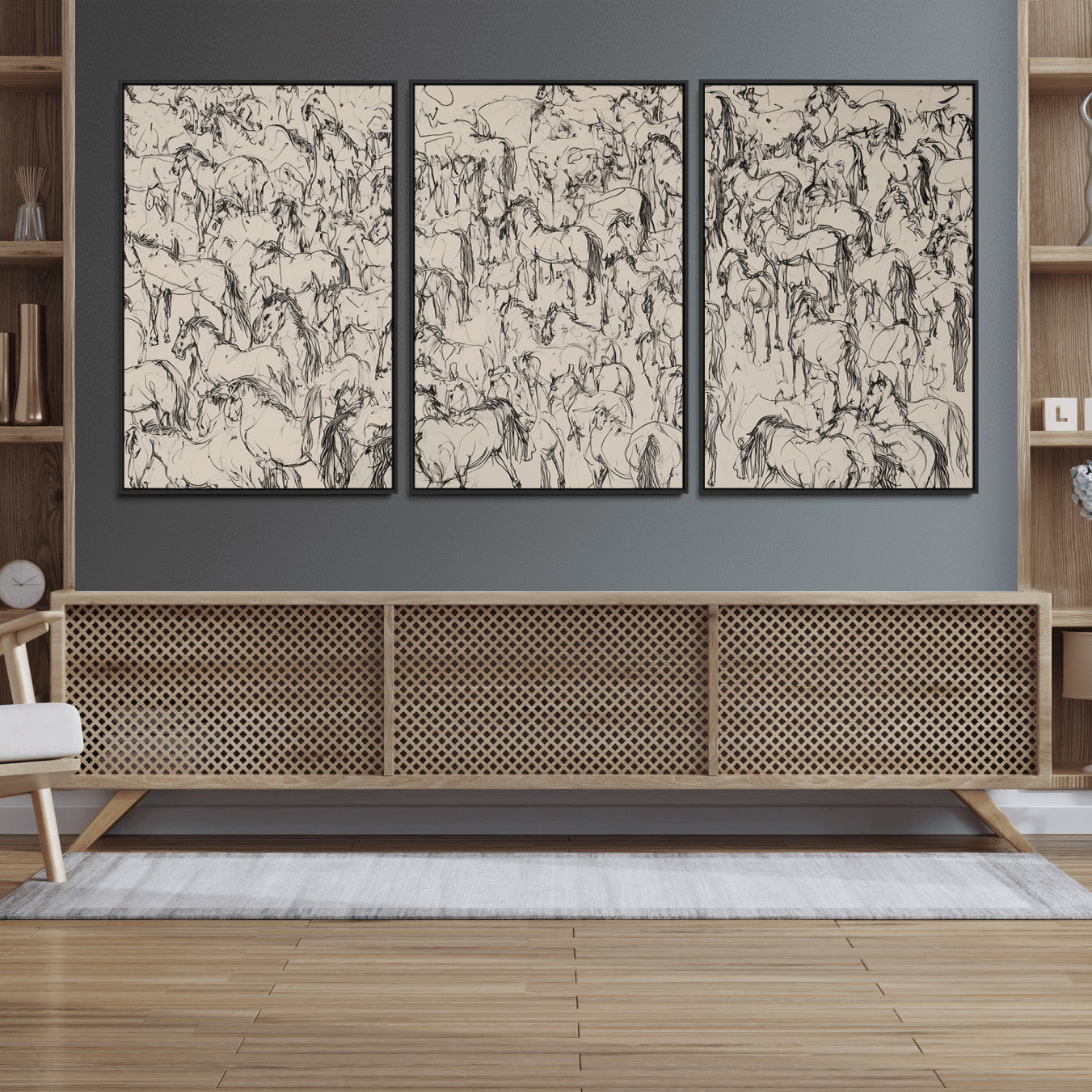 12358908-MGV-FC-60X30-3P_Black-Wild Horse Stampede Wall Art Canvas Print – Monochrome Running Horses Dynamic Motion Elegant Artwork for Home, Office