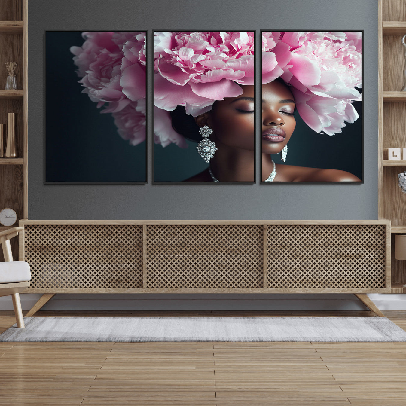35482880-MGV-FC-60X30-3P_Black-Black Beauty Petal Crown Wall Art Canvas Print – Floral Petal Headpiece Elegant Design, Petal Inspired Artwork for Home, Office