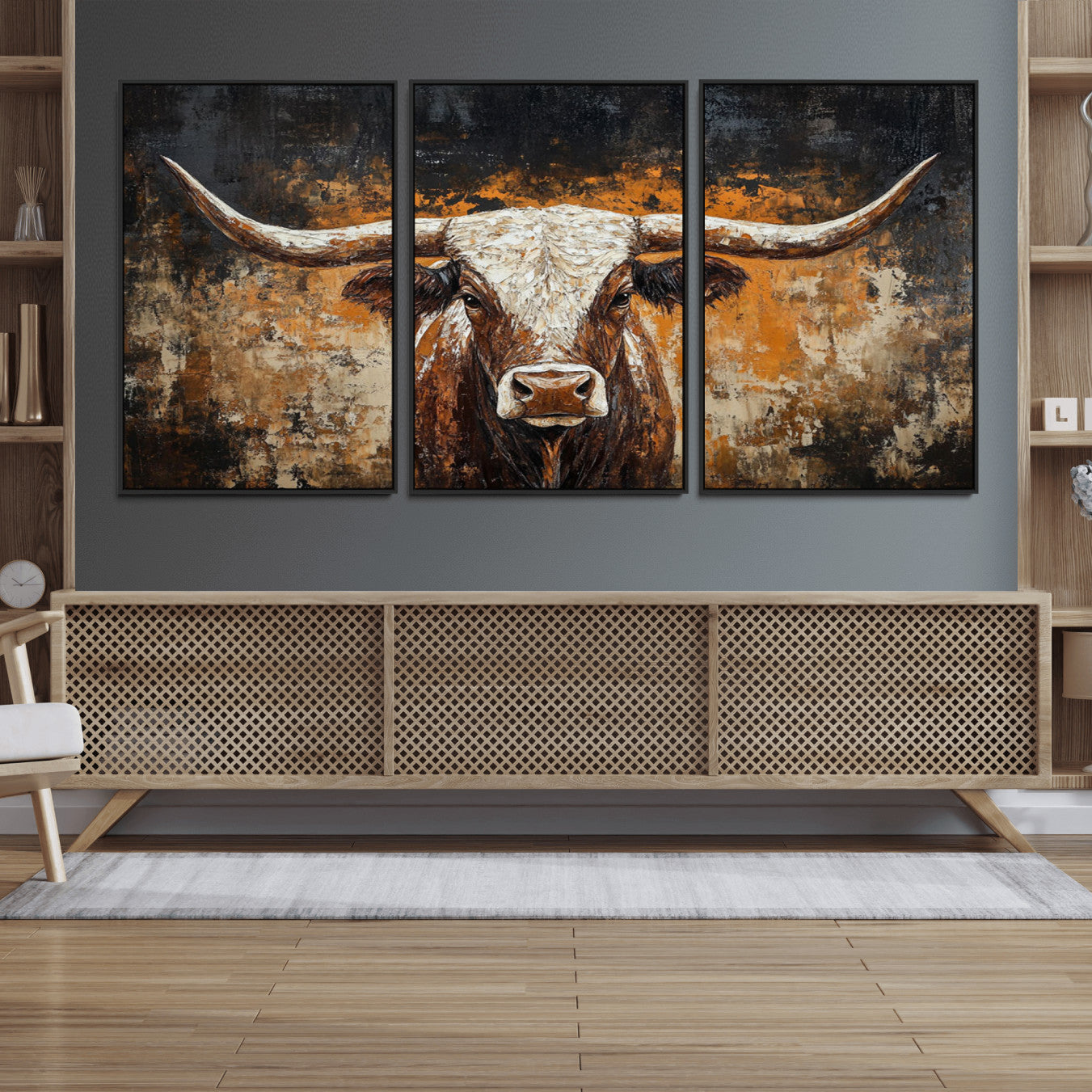 25265572-MGV-FC-60X30-3P_Black-Rustic Longhorn Bull Wall Art Canvas Print – Vintage Western Cattle Scene, Texas Steer Artwork for Home, Office