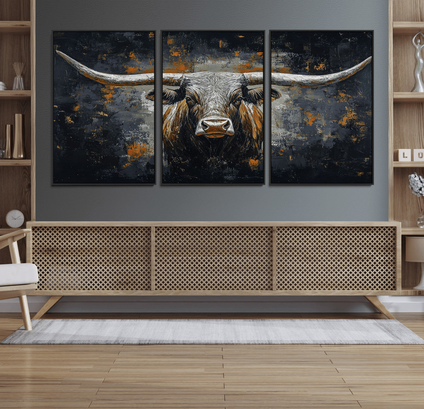 93195031-MGV-CV-36X24-Rustic Longhorn Bull Wall Art Canvas Print – Vintage Western Cattle Scene, Texas Steer Artwork for Home, Office