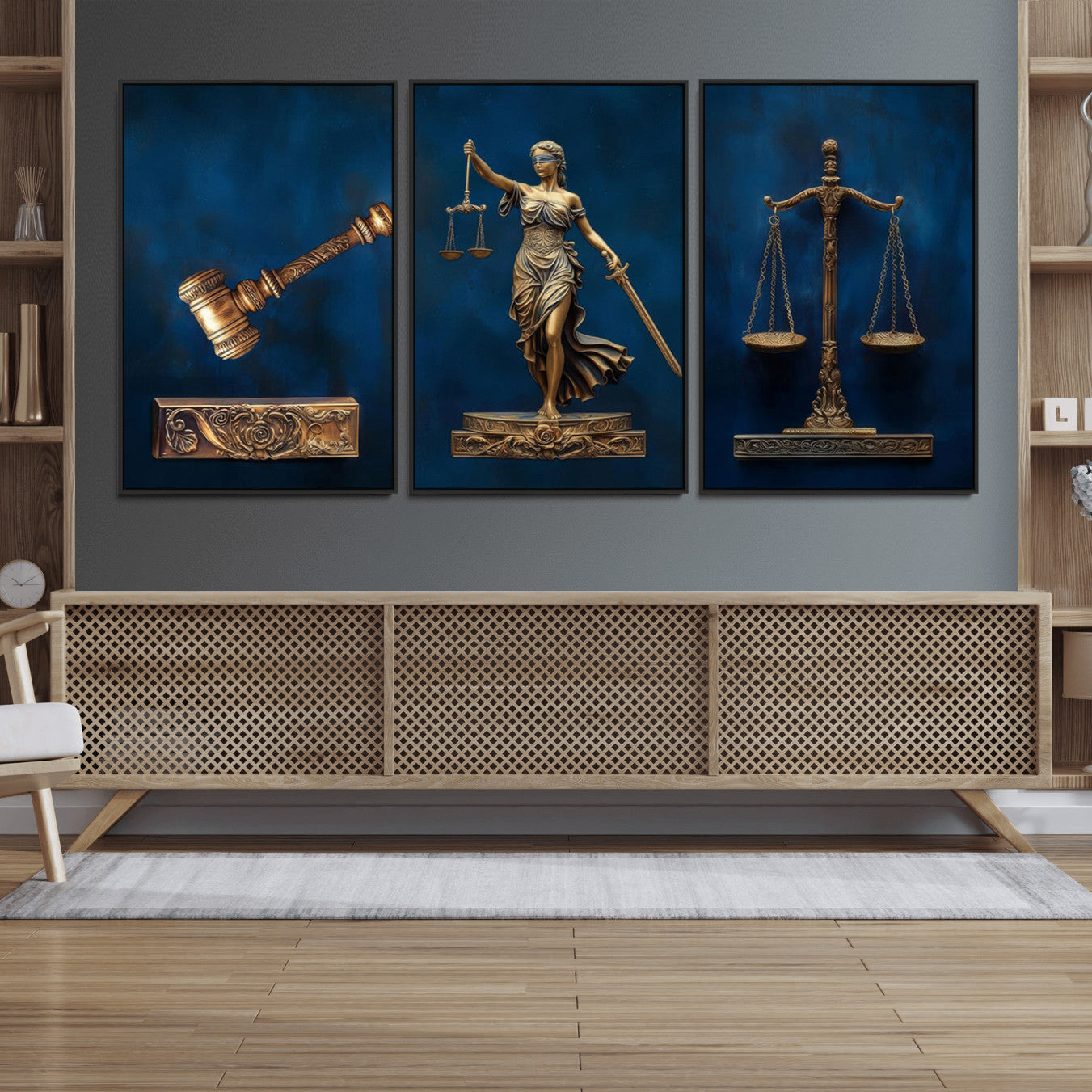 91629053-MGV-FC-60X30-3P_Black-Lady Justice Wall Art Canvas Print – Elegant Gold Legal Symbols Blue Background Artwork for Home, Office, Living Room