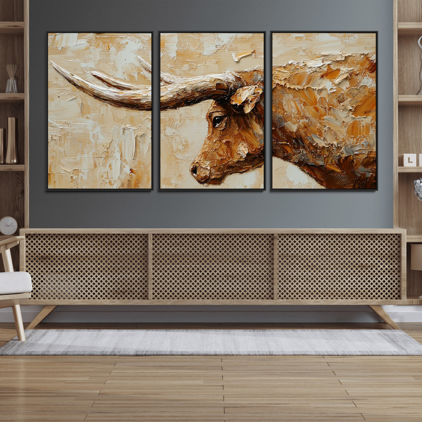69611428-MGV-FC-60X30-3P_Black-Rustic Longhorn Bull Wall Art Canvas Print – Vintage Western Cattle Scene, Texas Steer Artwork for Home, Office